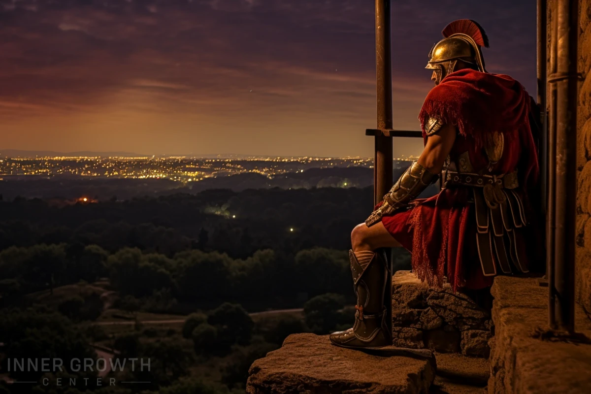 A roman warrior on the third watch, looks out for enemies on the watch tower at 3am.