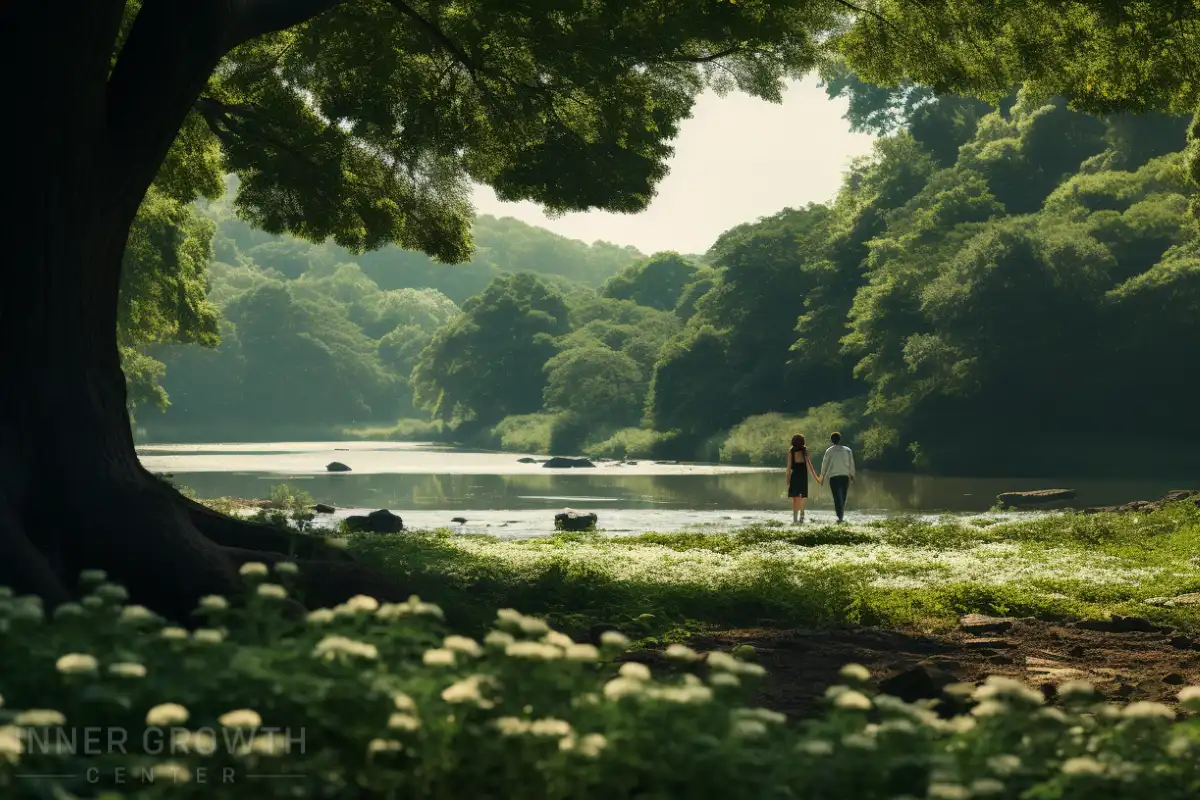 A couple walking together in a scenic forest by a lake.