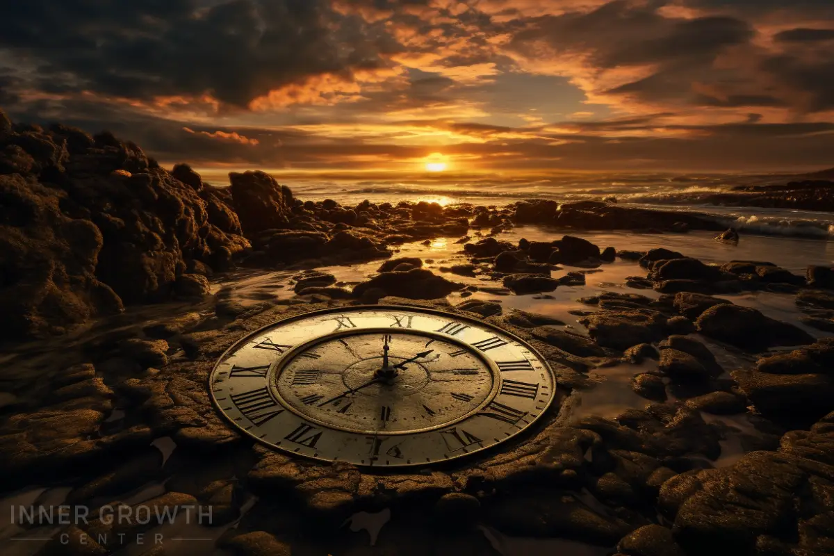 A beautiful sunrise with a clock in the rocks and water symbolising a 4d earth