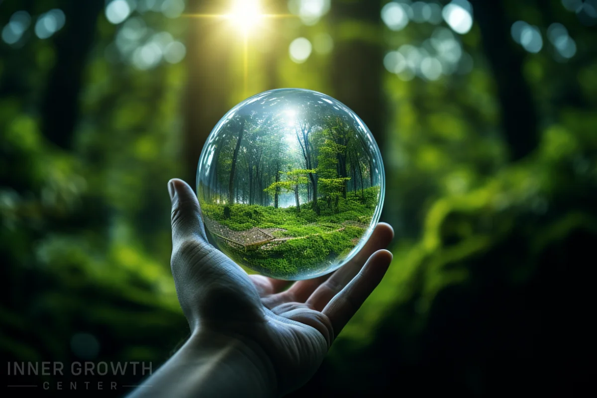 A hand holds a globe with a forest world inside.