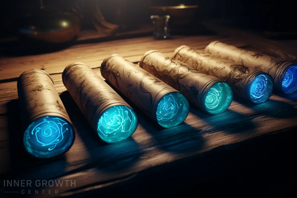 6 ancient scrolls symbolising the 6 types of soul contracts.