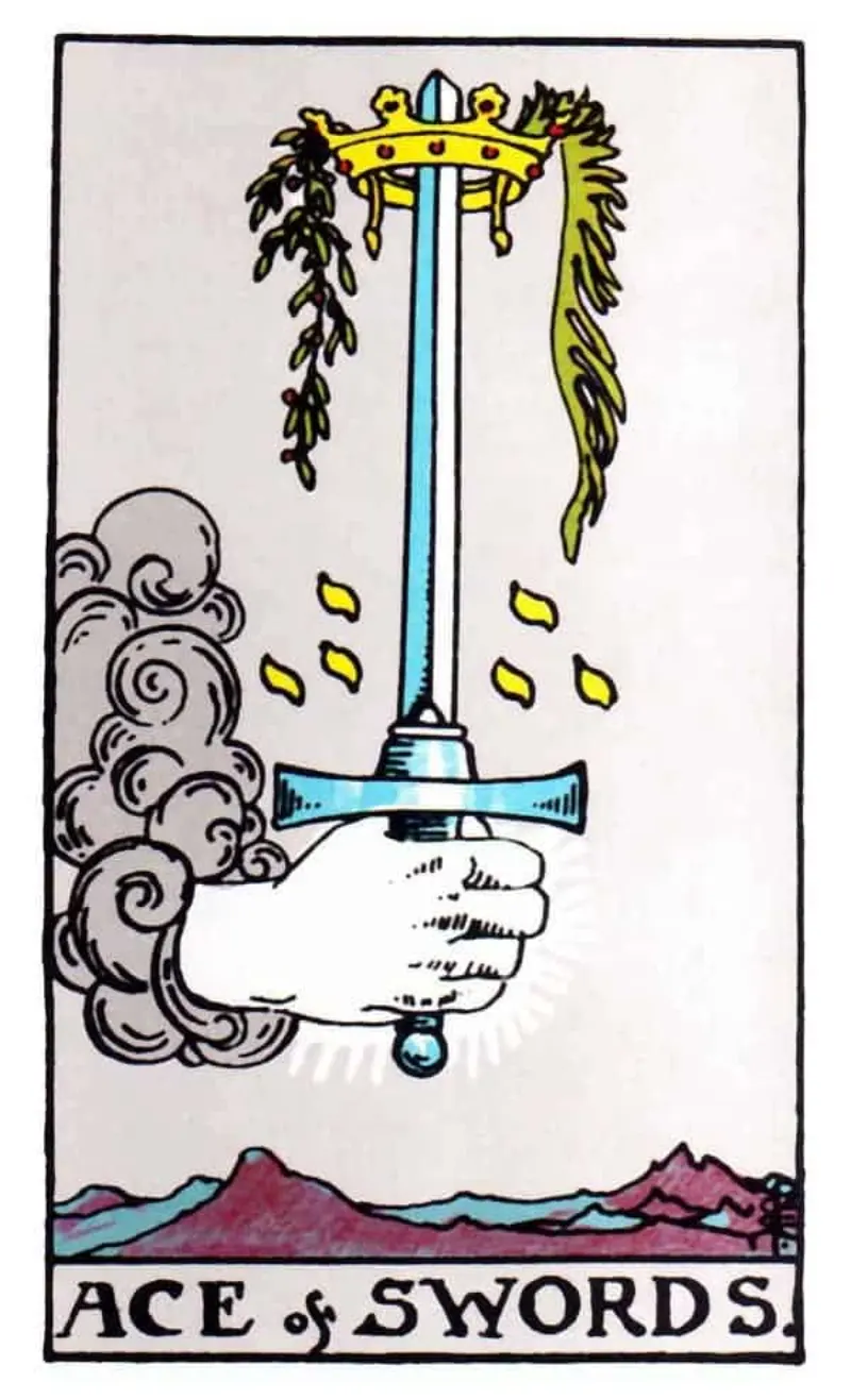 A sword with a crown being held by a hand from a cloud as the ace of swords tarot card.