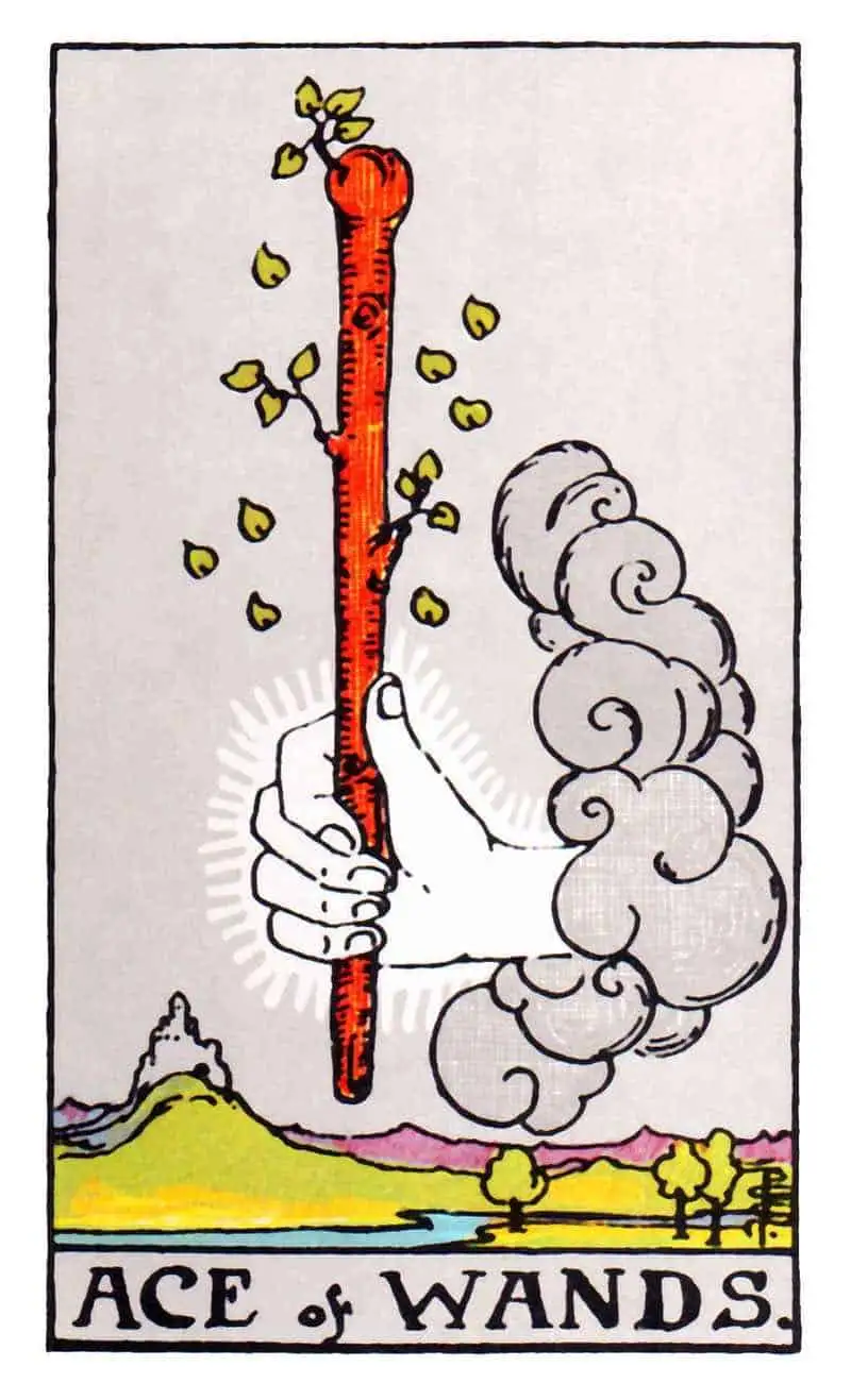 A hand emerges from a cloud to hold a wand, as the ace of wands tarot card.