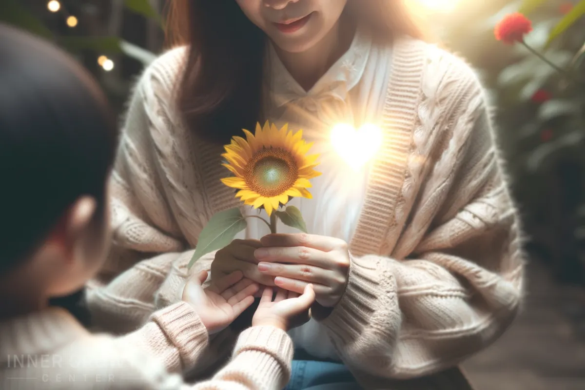 Woman giving a flower to a boy, with her heart lit up.