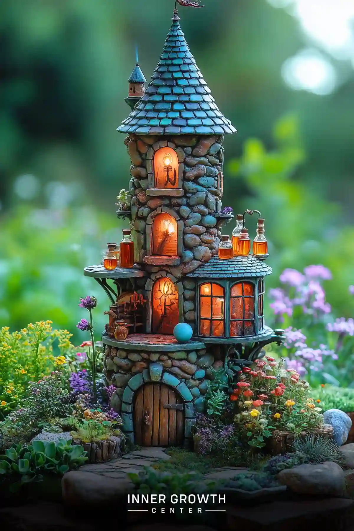 A miniature stone tower with turquoise slate roof tiles and glowing windows, surrounded by tiny potion bottles and colorful wildflowers.