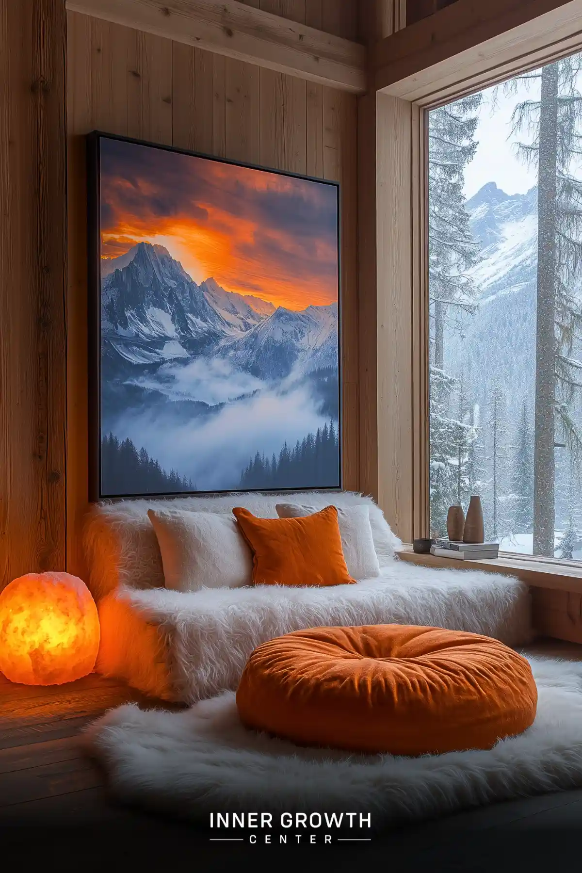 Cozy meditation space with mountain view, featuring a large scenic painting and plush seating.