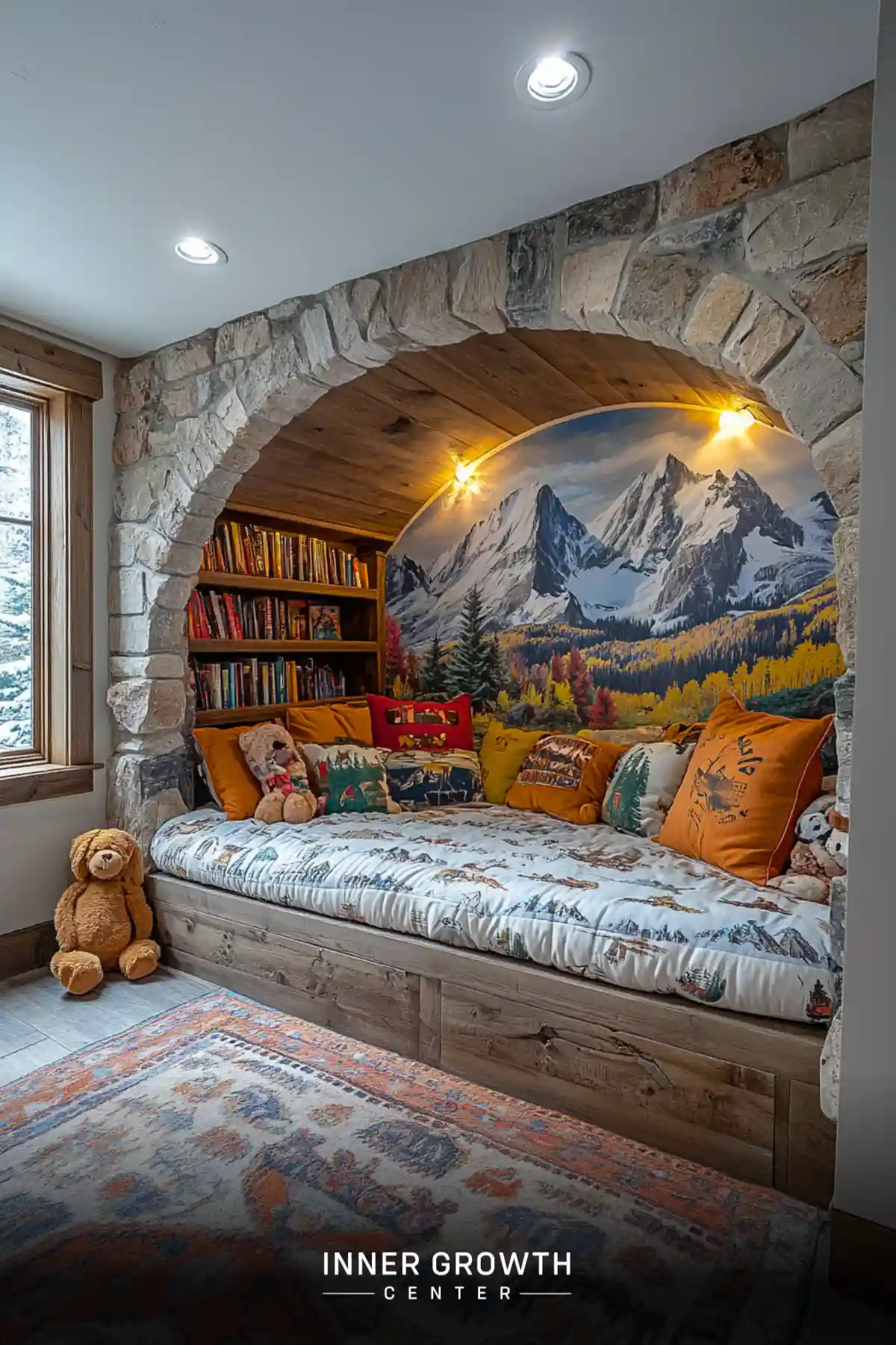 A cozy built-in reading nook under a stone arch featuring a mountain mural, wooden shelving, and plush orange cushions on a daybed