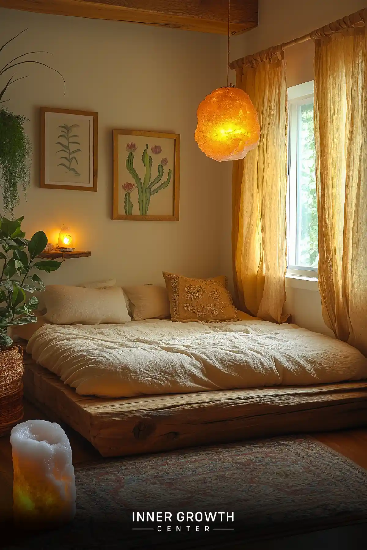 Cozy bedroom with low platform bed, warm lighting, and botanical prints creates a serene meditation space.