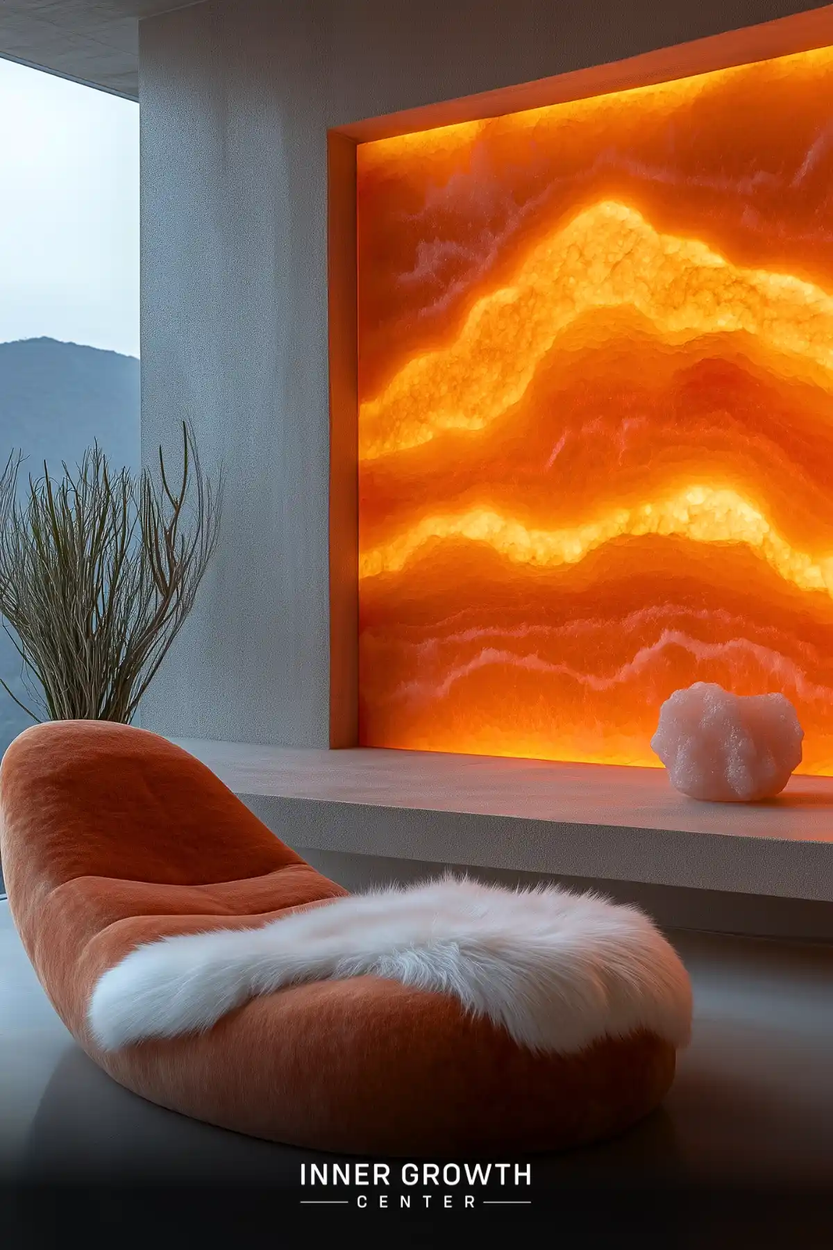 A modern meditation space with a large amber-colored backlit panel, comfortable orange chair, and mountain view.