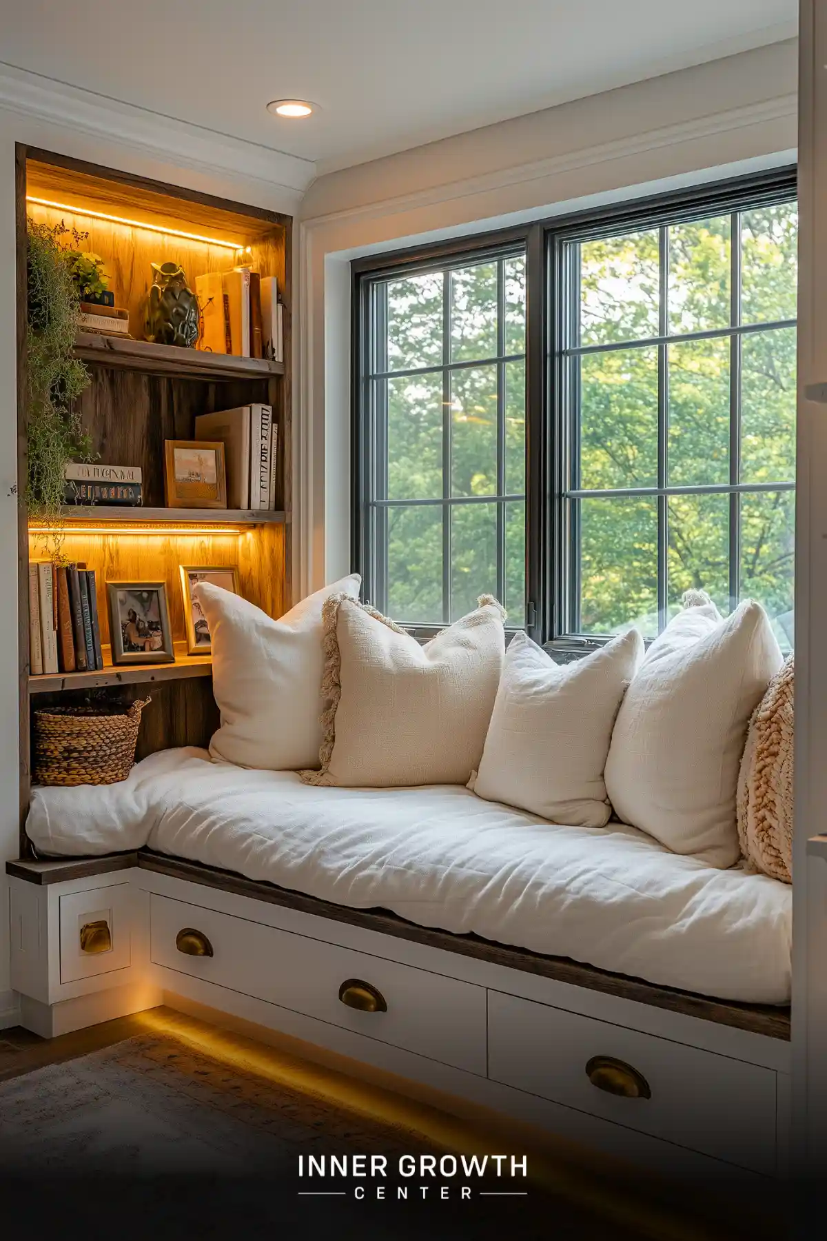 A window seat reading nook features built-in bookshelves with warm lighting, plush white cushions, and storage drawers beneath.