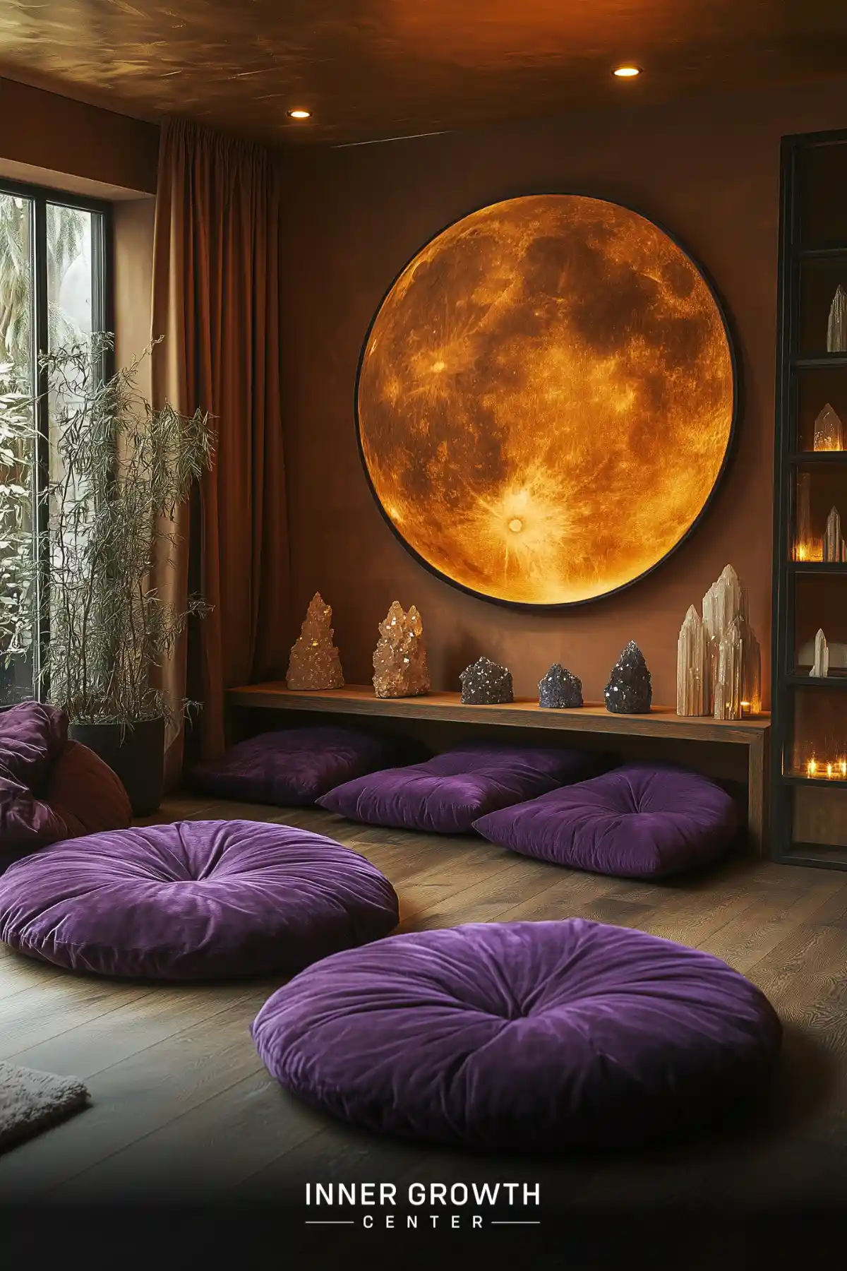 A meditation room with an illuminated amber moon art piece, purple floor cushions, crystal displays, and bamboo plants against chocolate brown walls