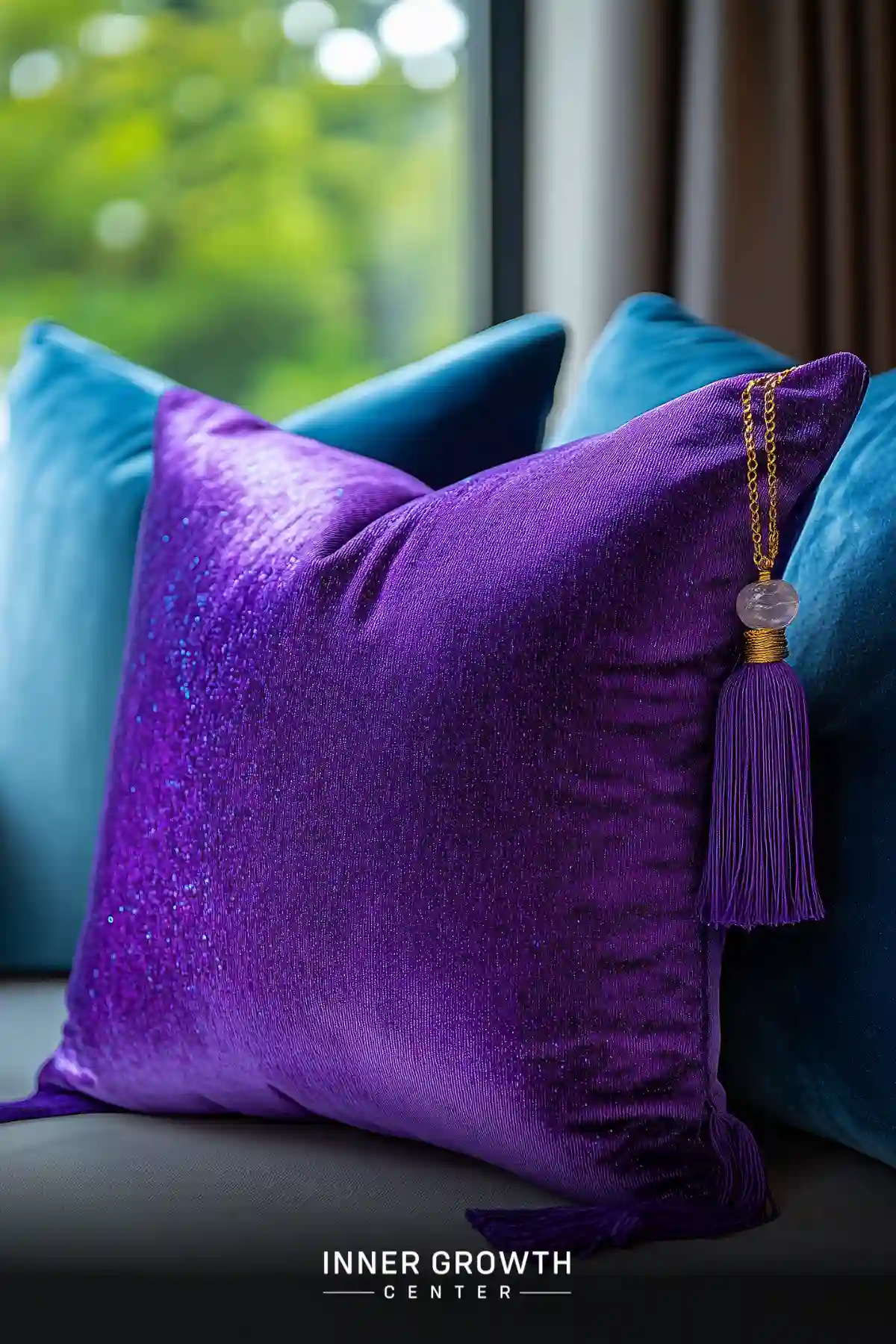 A plush purple pillow with a sparkly finish and crystal tassel, set against blue cushions near a window.