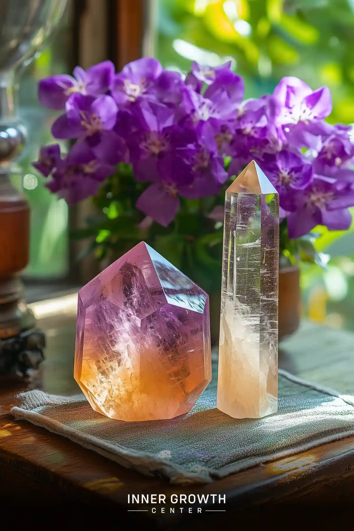 A faceted ametrine crystal and clear quartz point rest on a cloth with purple flowers in the background, creating a peaceful meditation display