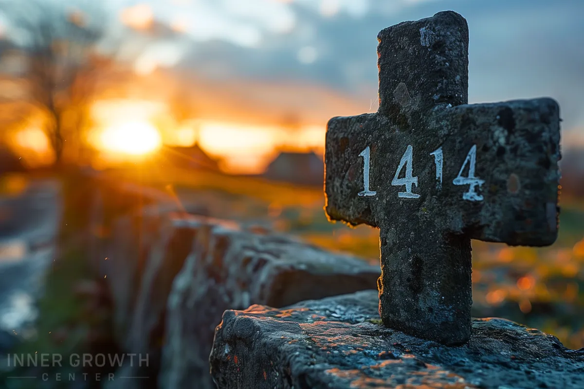 A sun coming up with a cross that has the numbers 1414.