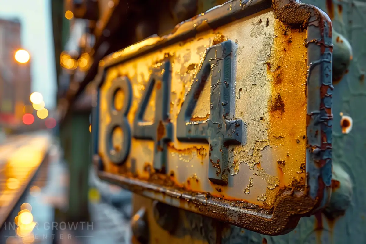 A rusted sign with the number 844.