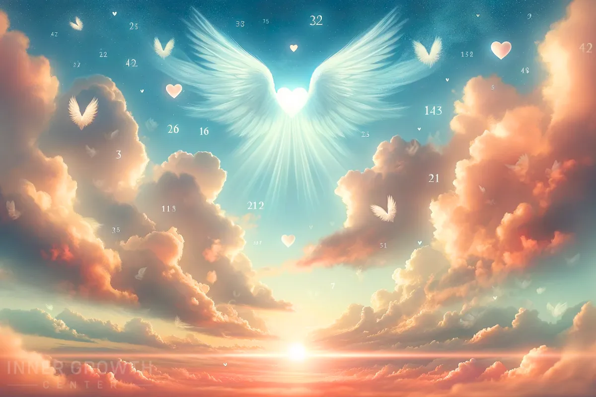 A heart with wings in the sky with angel numbers.