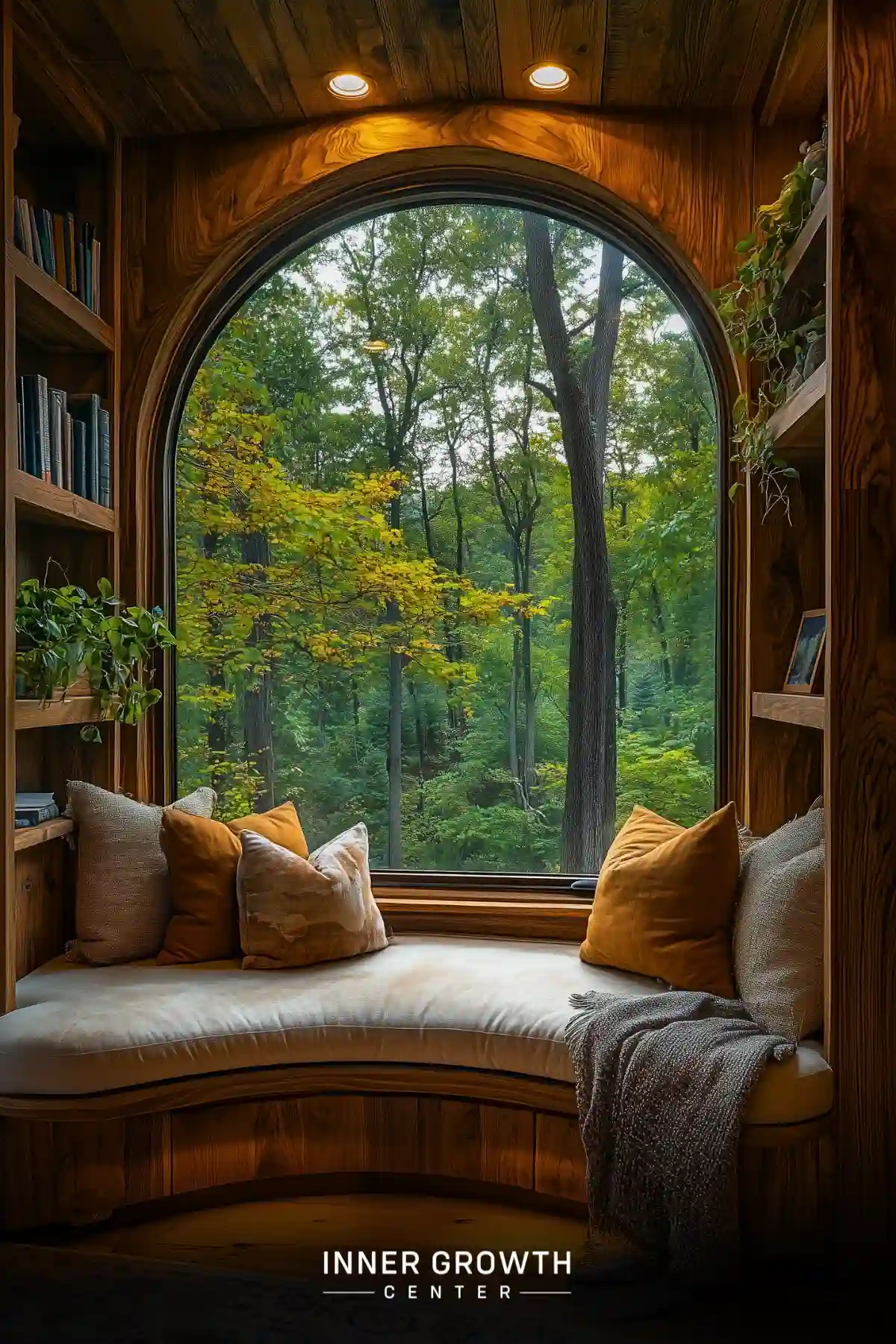 A curved window seat nestled between wooden bookshelves offers a cozy reading spot overlooking an autumn forest