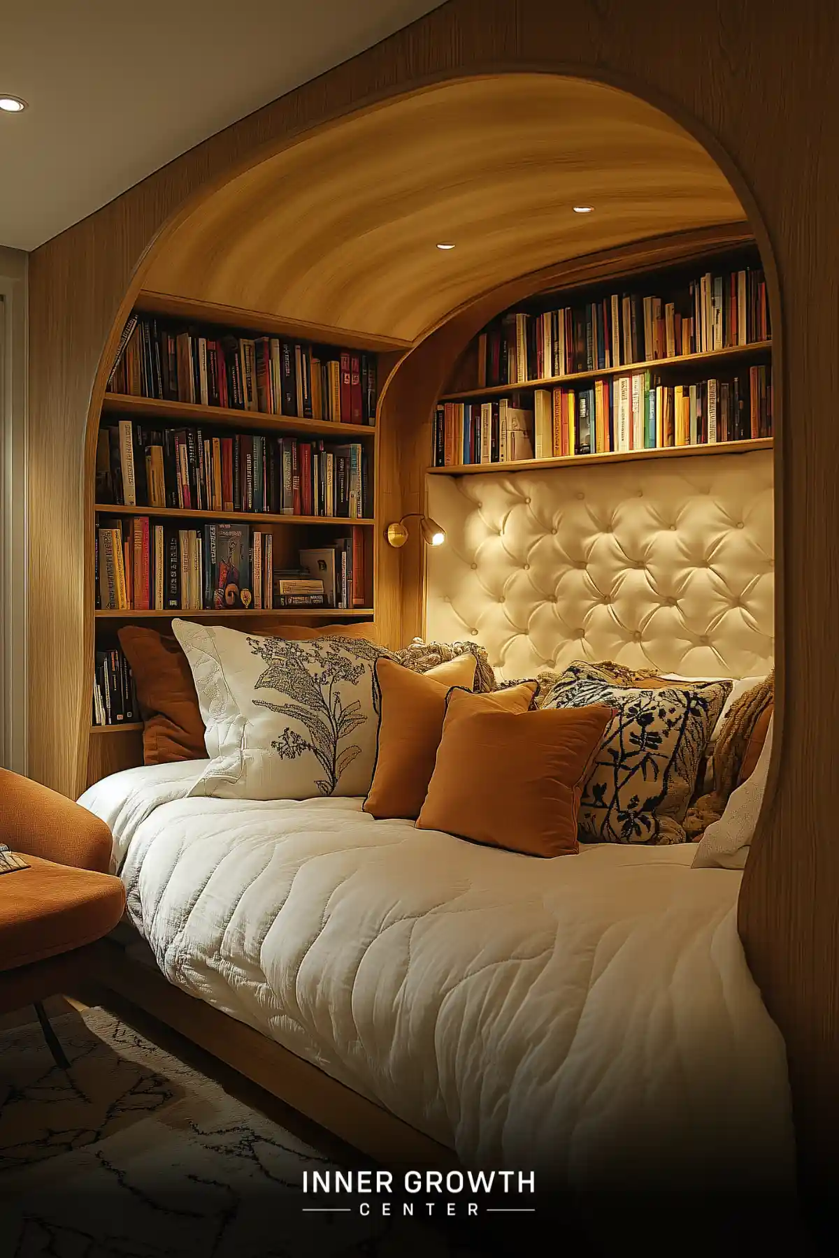 A built-in daybed nestled within a wooden arch, surrounded by bookshelves and topped with patterned pillows and a tufted headboard.