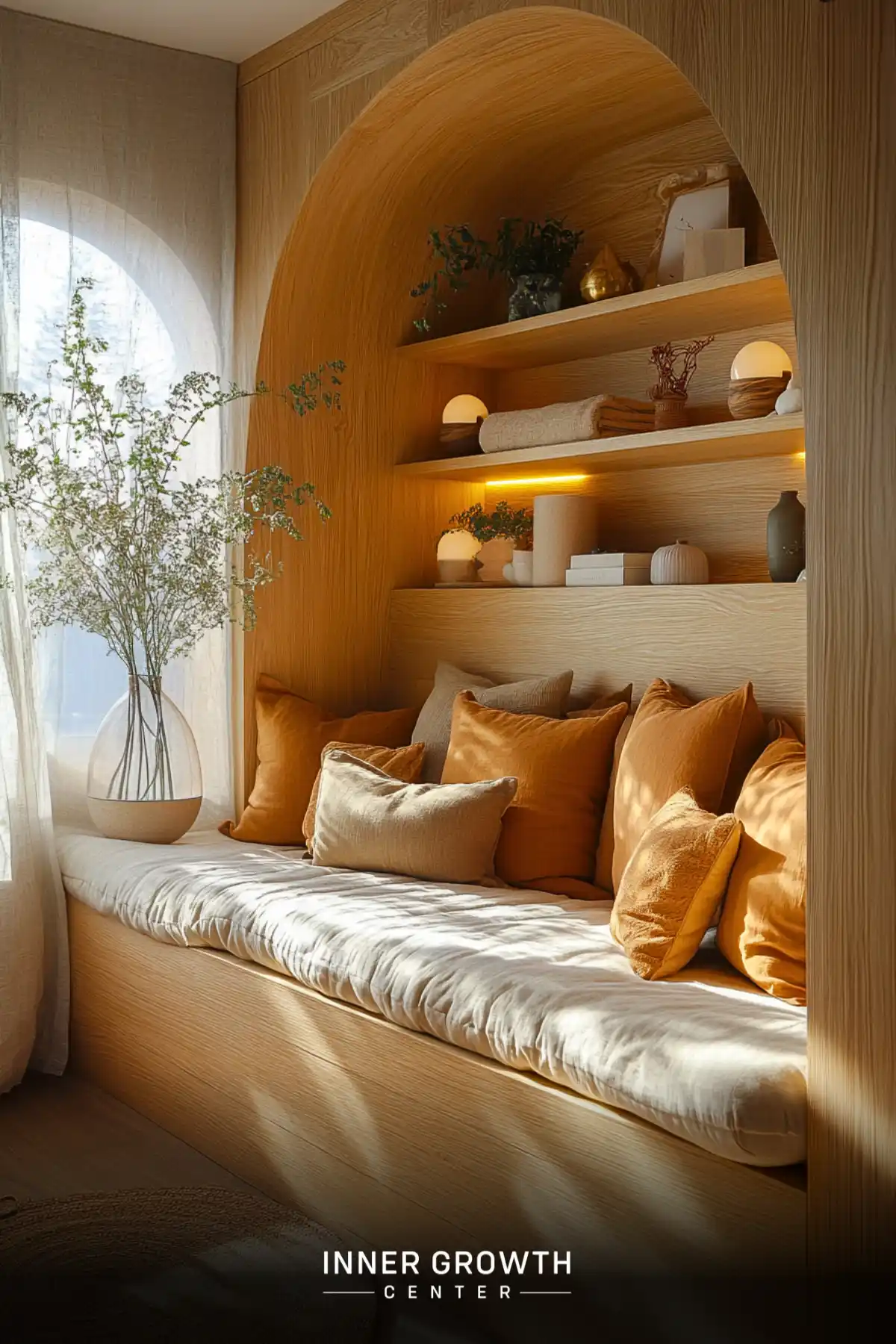 A modern reading nook features a curved oak archway with built-in shelving, cushioned bench seating, and decorative sphere lamps