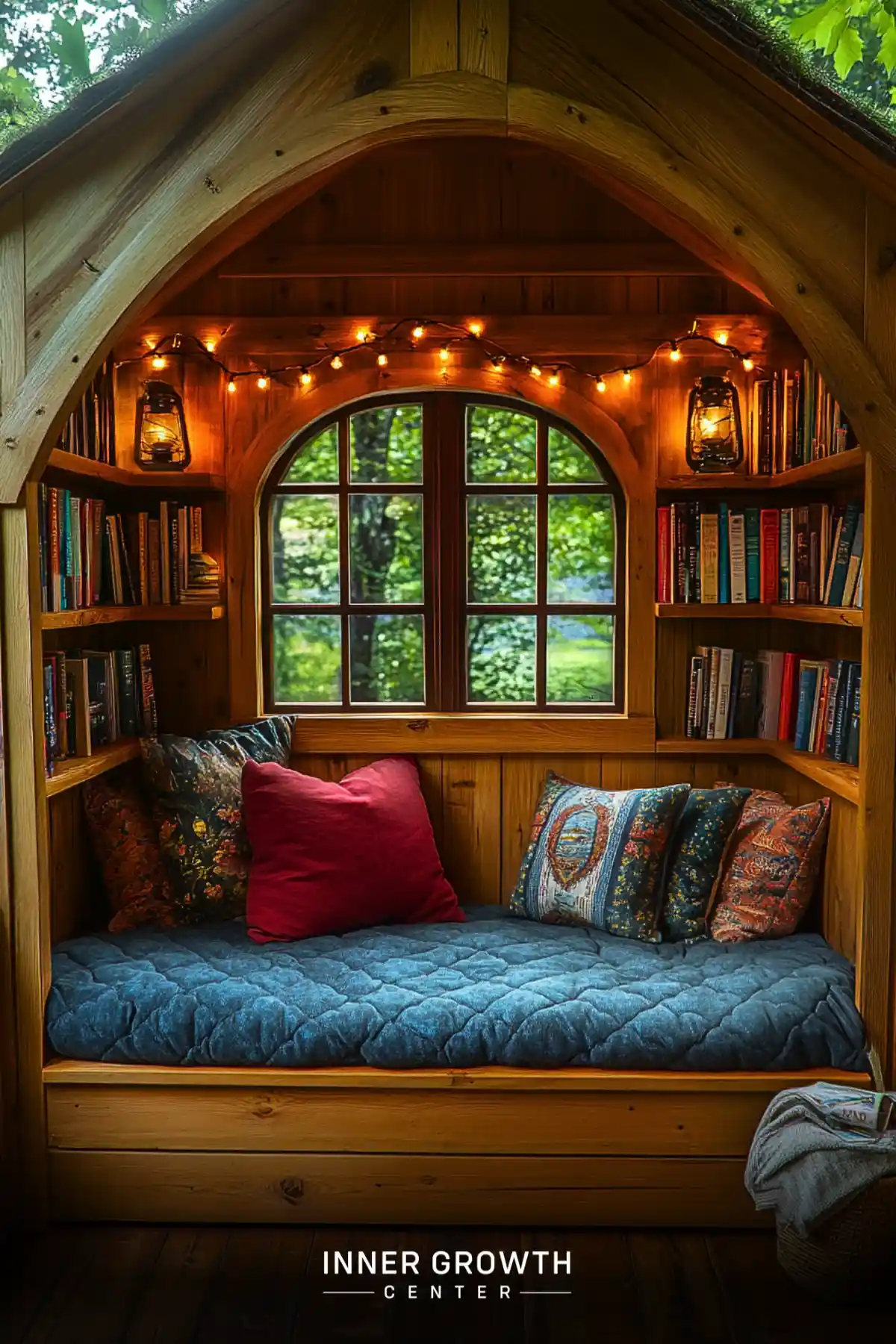 A cozy wooden alcove with an arched window, built-in bookshelves, string lights, lanterns, and cushioned seating overlooking greenery through divided glass panes.