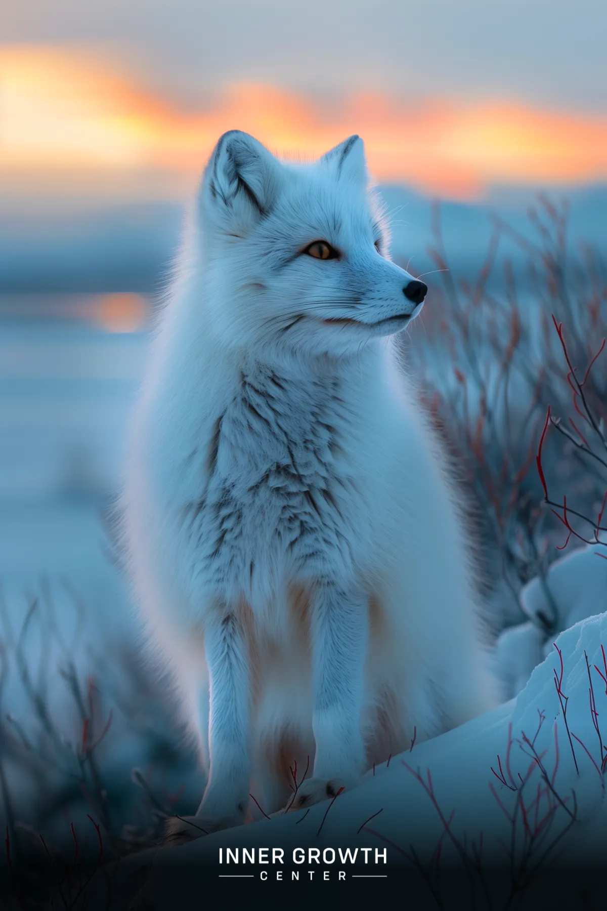 A white arctic fox stands alert in a snowy landscape at sunset.