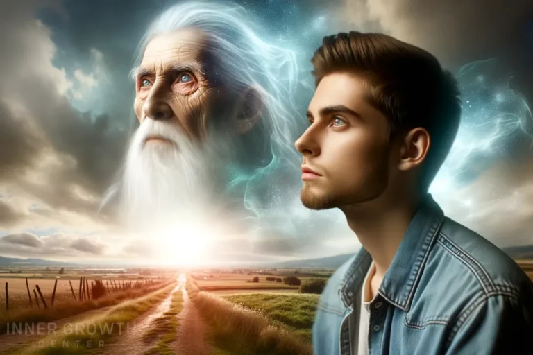 A young man gazing into the horizon, with the spiritual image of a older wiser soul next to him.