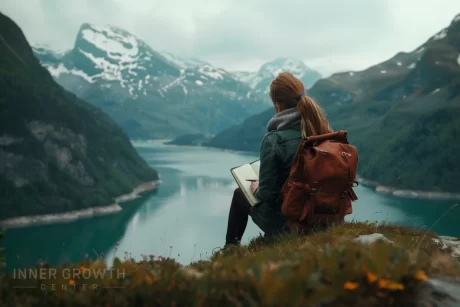 A woman thinking and looking up to the mountains, sitting with a journal.