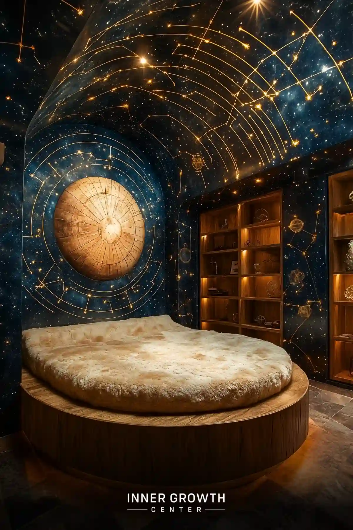 A circular bed with plush cream bedding surrounded by dark walls featuring golden astrological charts, constellations, and illuminated wooden shelving displaying mystical objects.