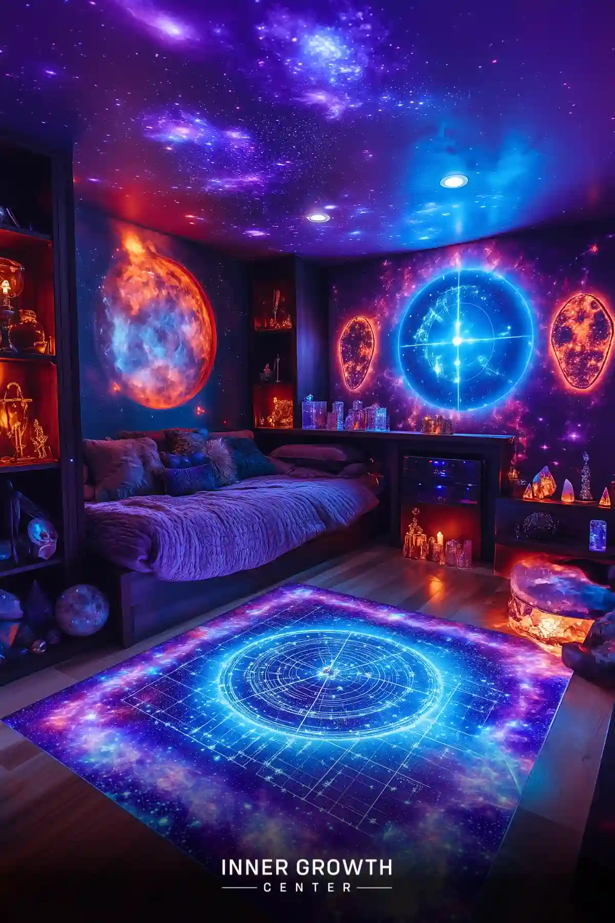 A bedroom with cosmic murals, an illuminated astrological rug, crystal displays, and galaxy-themed walls featuring vibrant blues and purples.