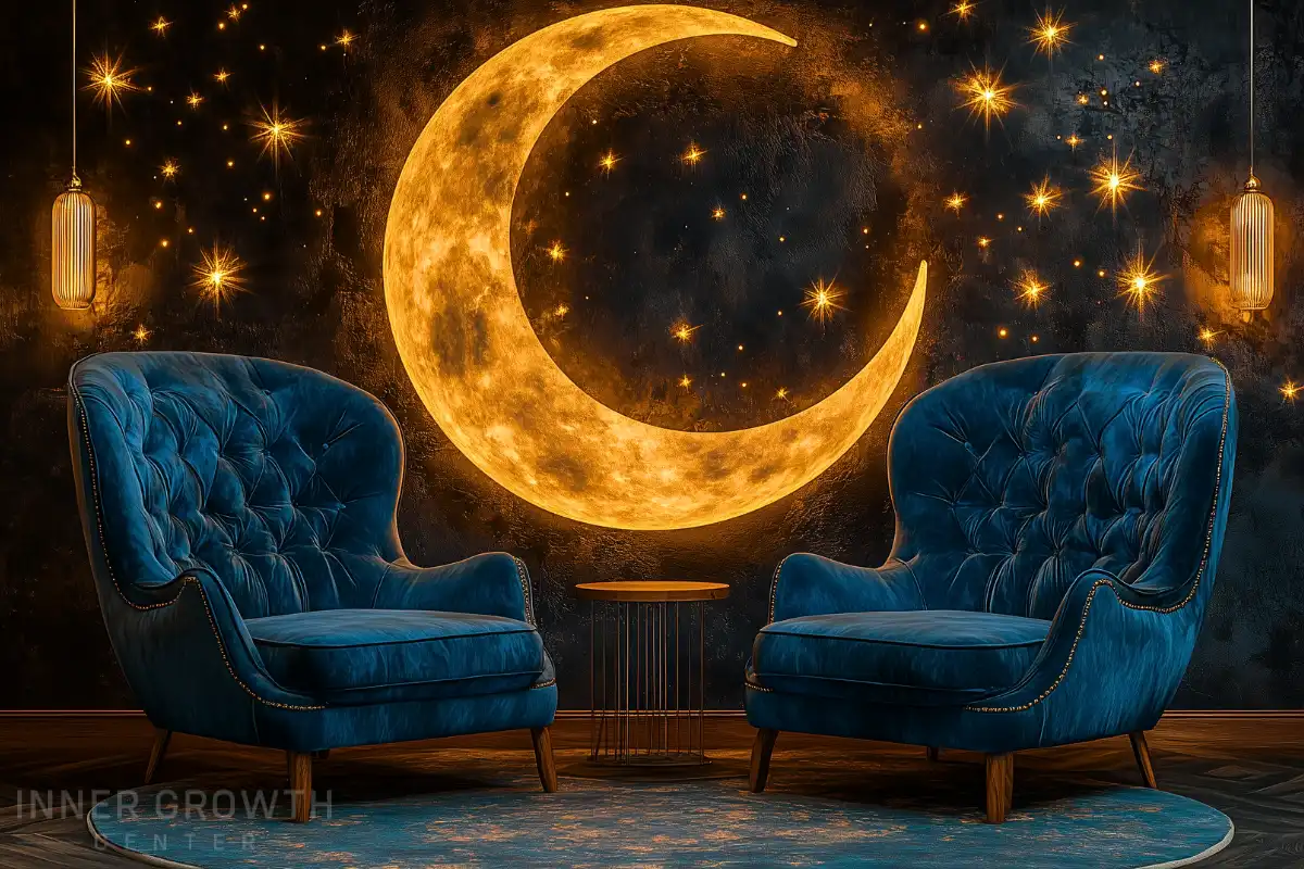 Two comfy chairs with a moon and star backdrop.