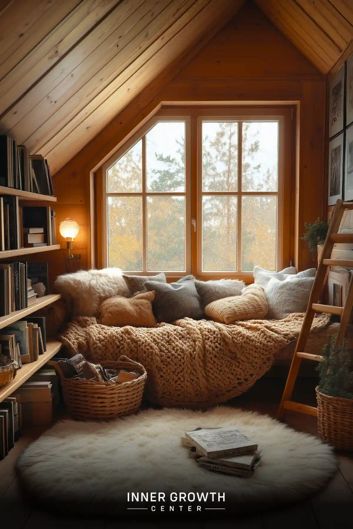 A cozy attic reading nook with wooden walls, large windows, and plush blankets.