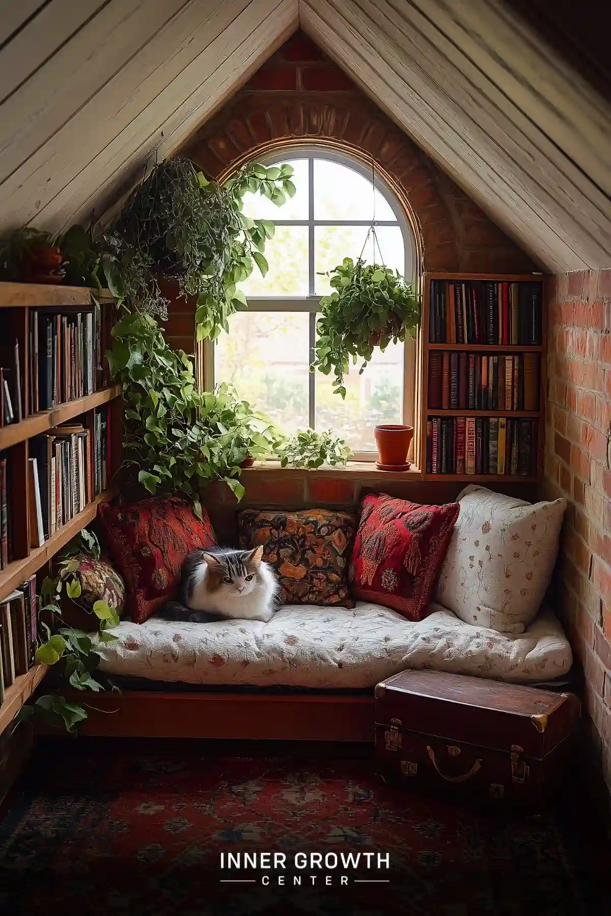 A cozy attic reading nook with an arched window, bookshelves, hanging plants, and a cat resting on a cushioned bench.