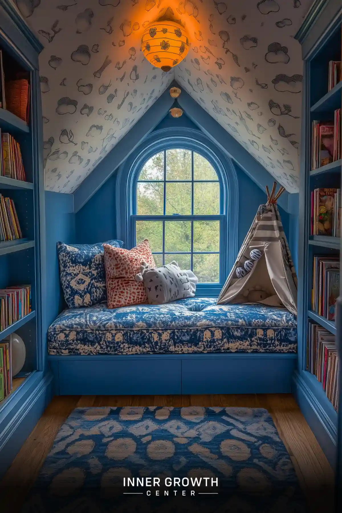 A cozy blue attic reading nook with bookshelves, a window seat, and whimsical decor.