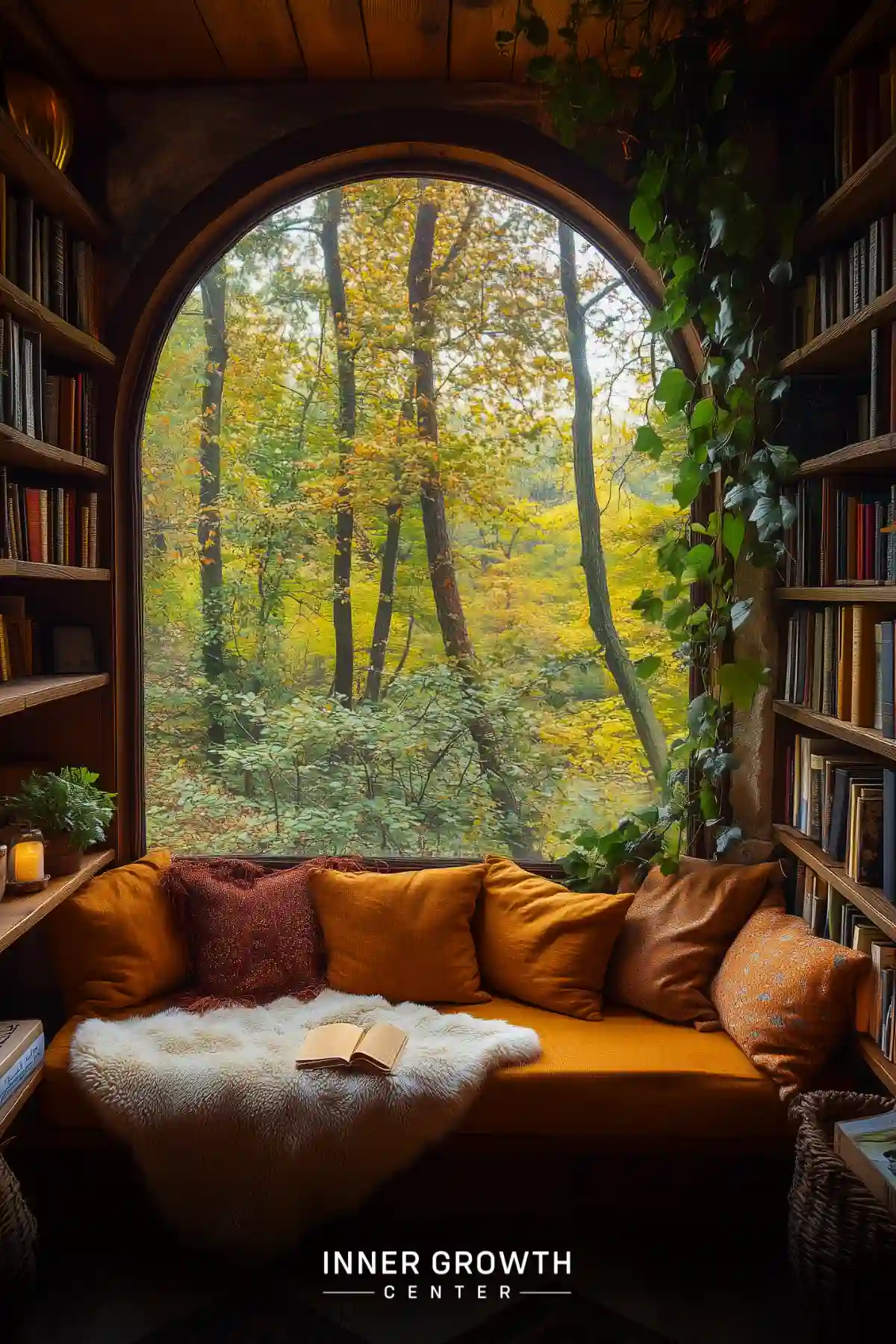 A built-in window seat with golden cushions and a sheepskin throw is framed by bookshelves and an arched window overlooking fall foliage