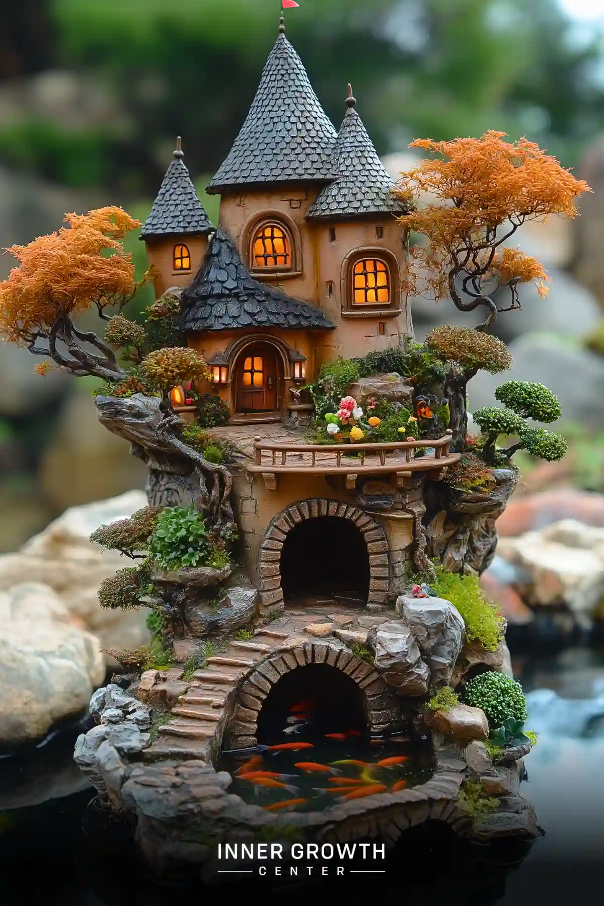 A miniature sand-colored castle with spired towers and glowing windows, featuring autumn trees and a stone archway with swimming koi fish below.