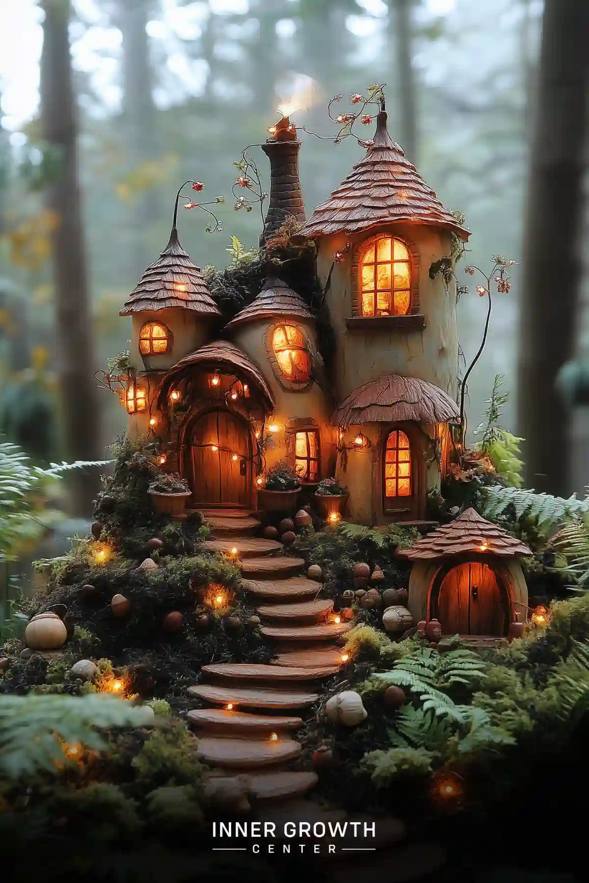 A miniature woodland manor with multiple pointed towers and glowing windows, connected by stone steps lined with acorns and tiny lanterns among ferns.