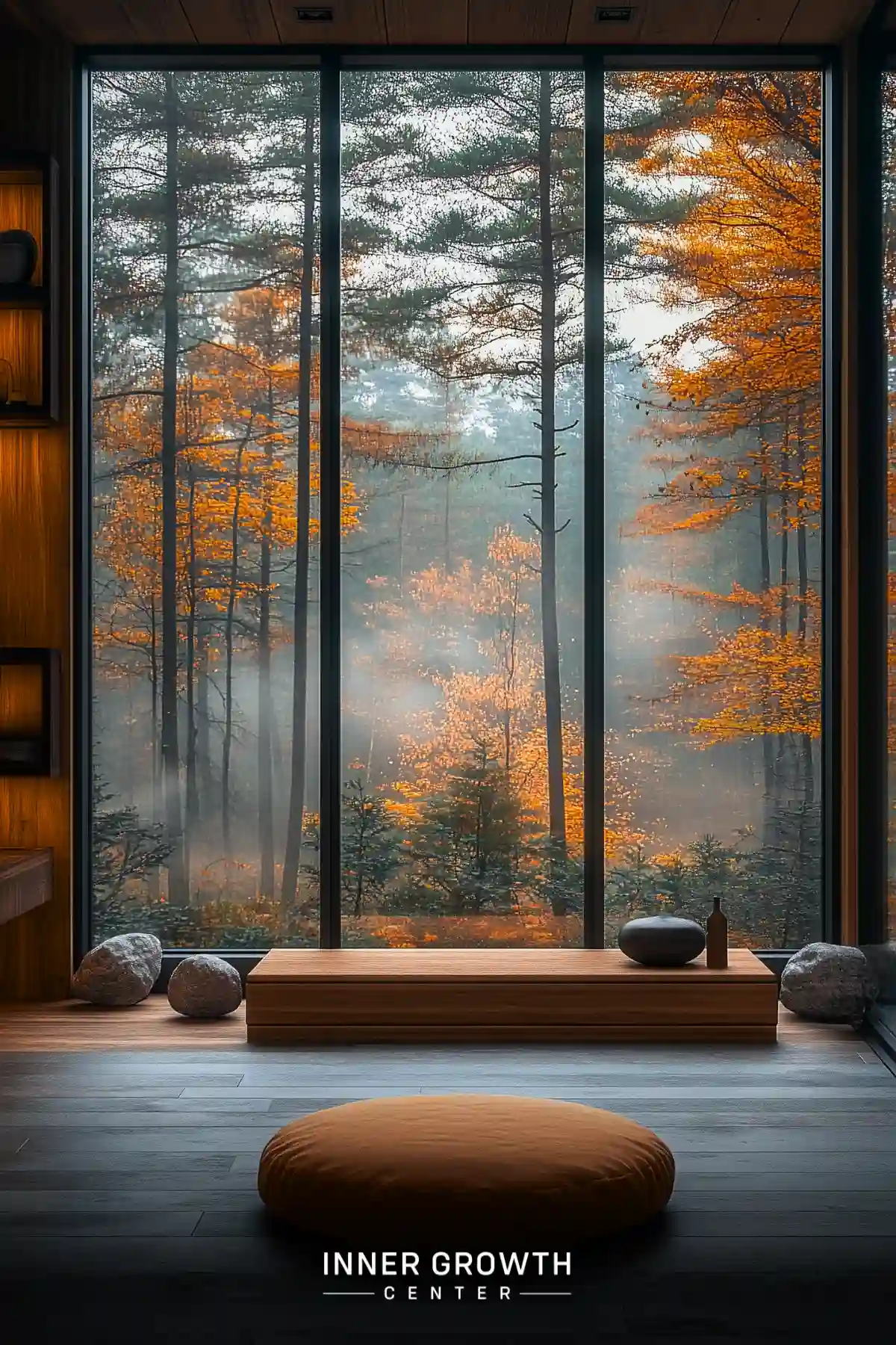 A minimalist meditation space with floor-to-ceiling windows showcasing misty autumn forest views, featuring a round cushion and wooden altar with stones