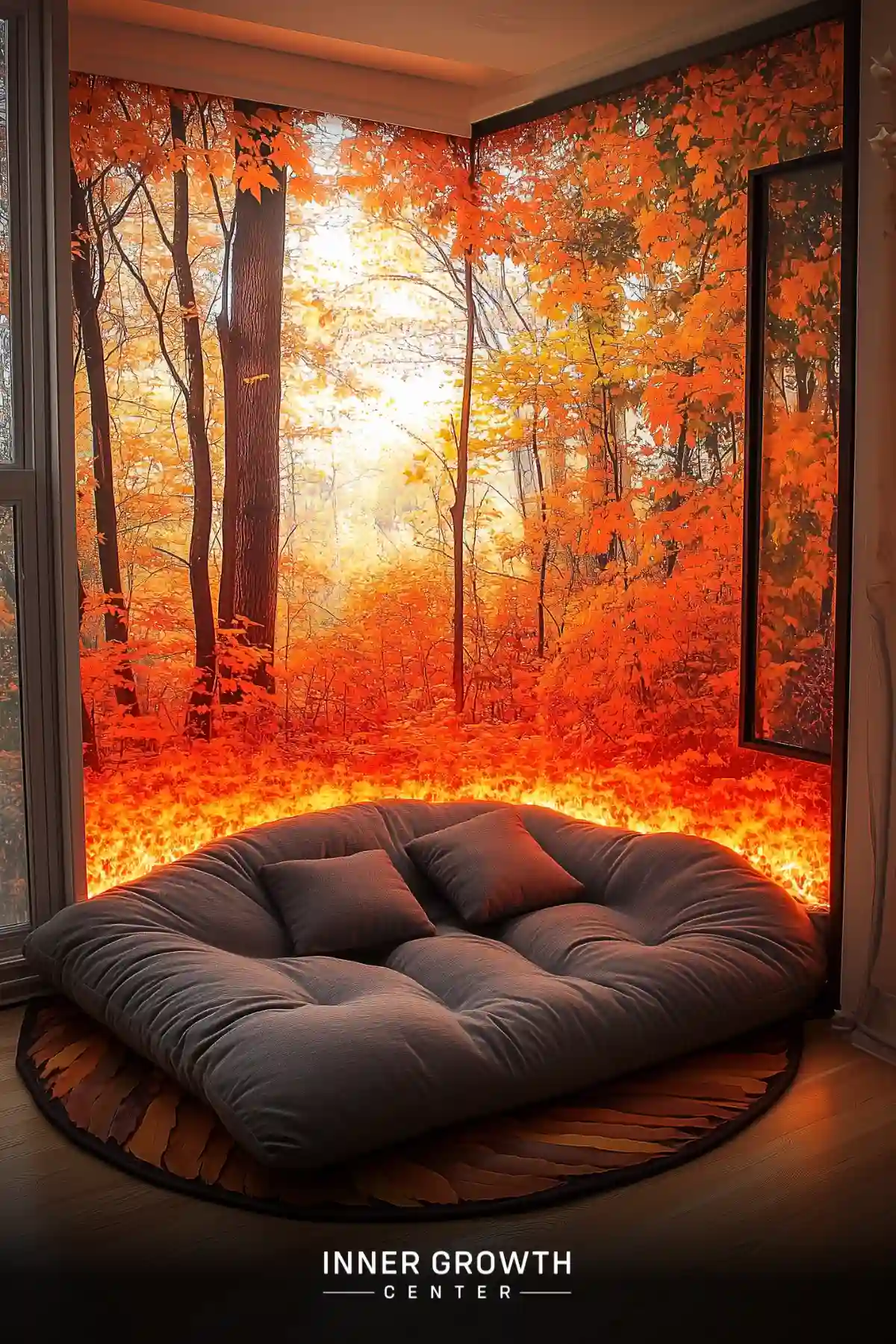 Cozy meditation space with panoramic autumn forest view and illuminated floor