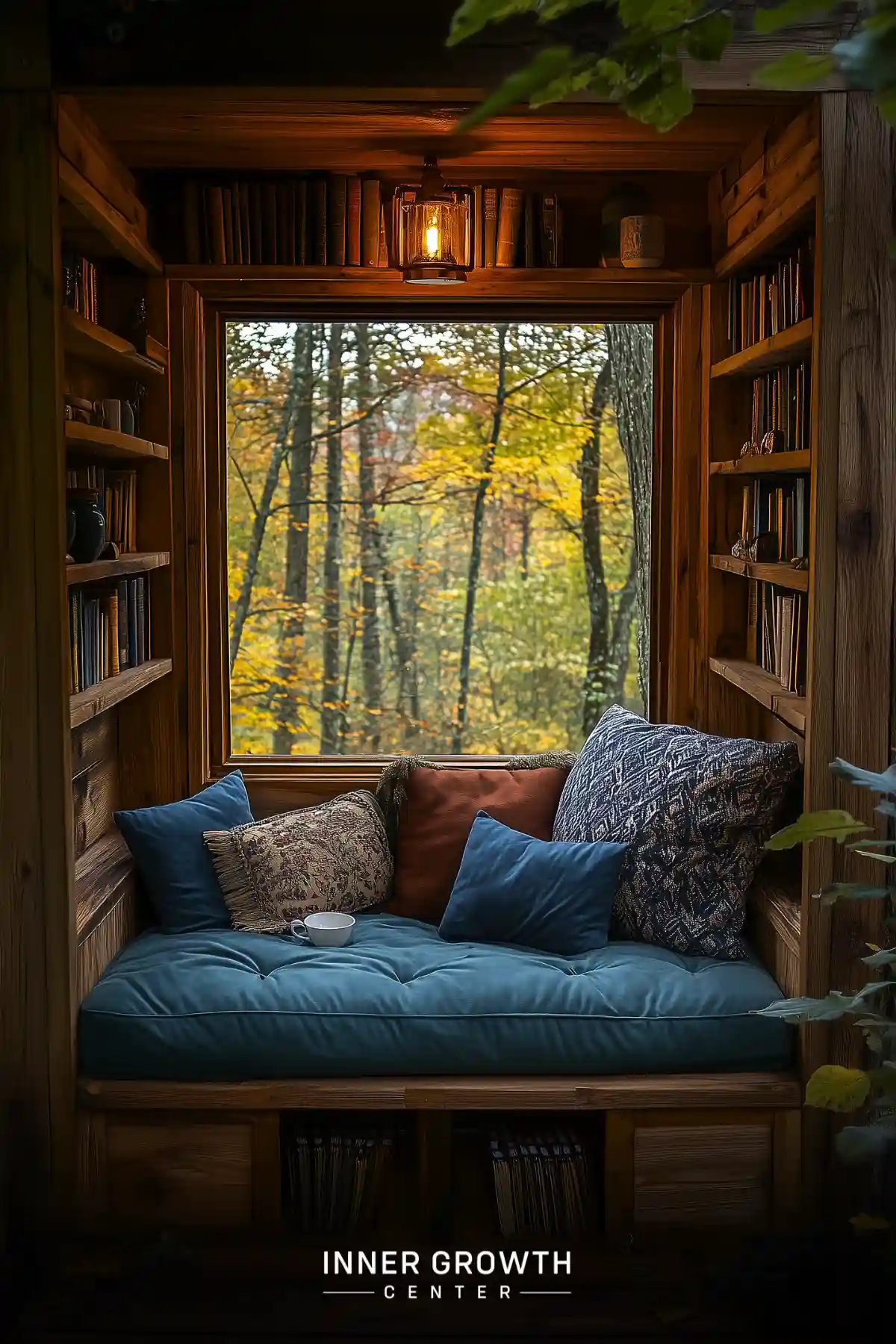 Cozy window seat surrounded by bookshelves overlooks a vibrant autumn forest.