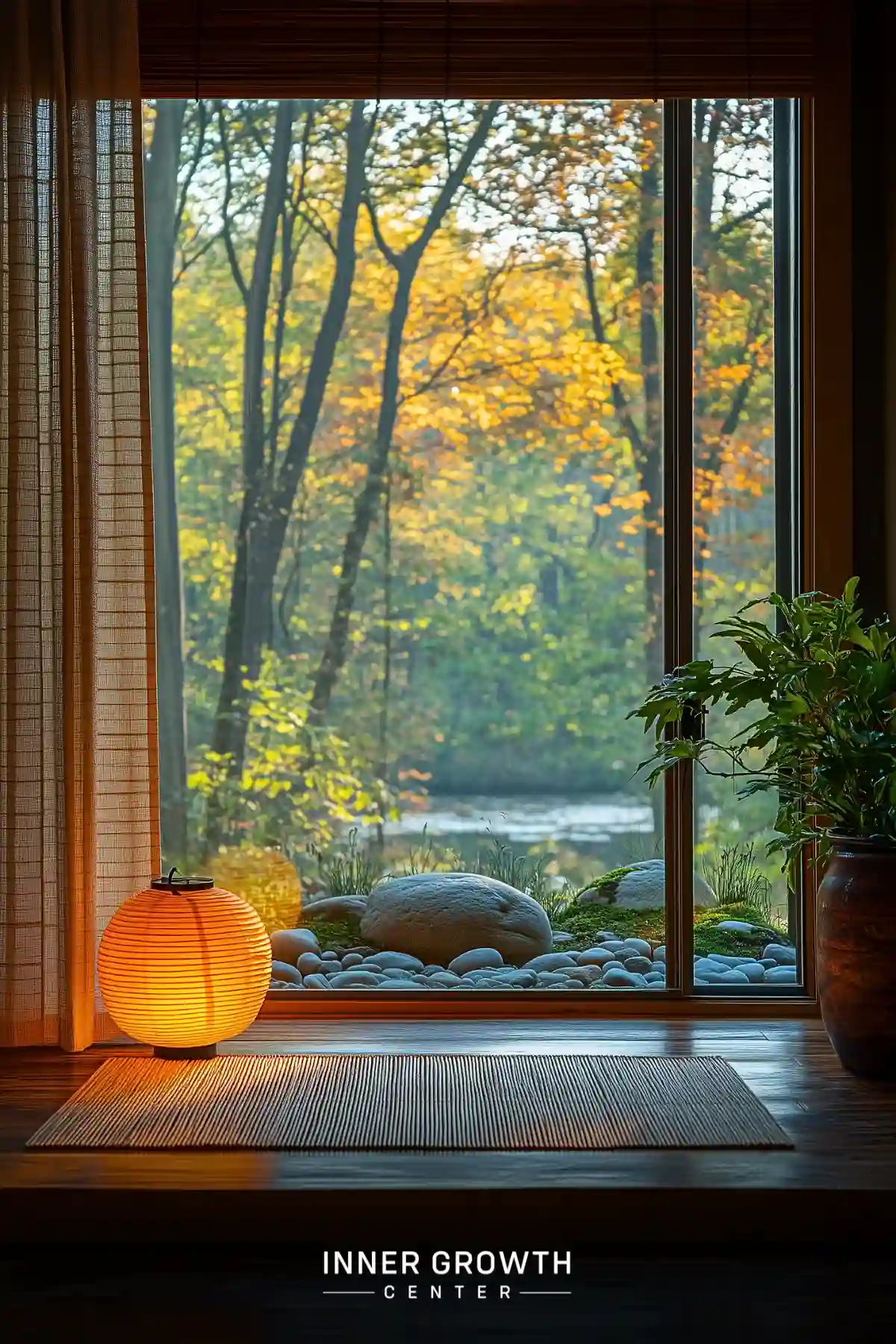 A serene meditation space with a large window overlooking a vibrant autumn forest and a tranquil stream.