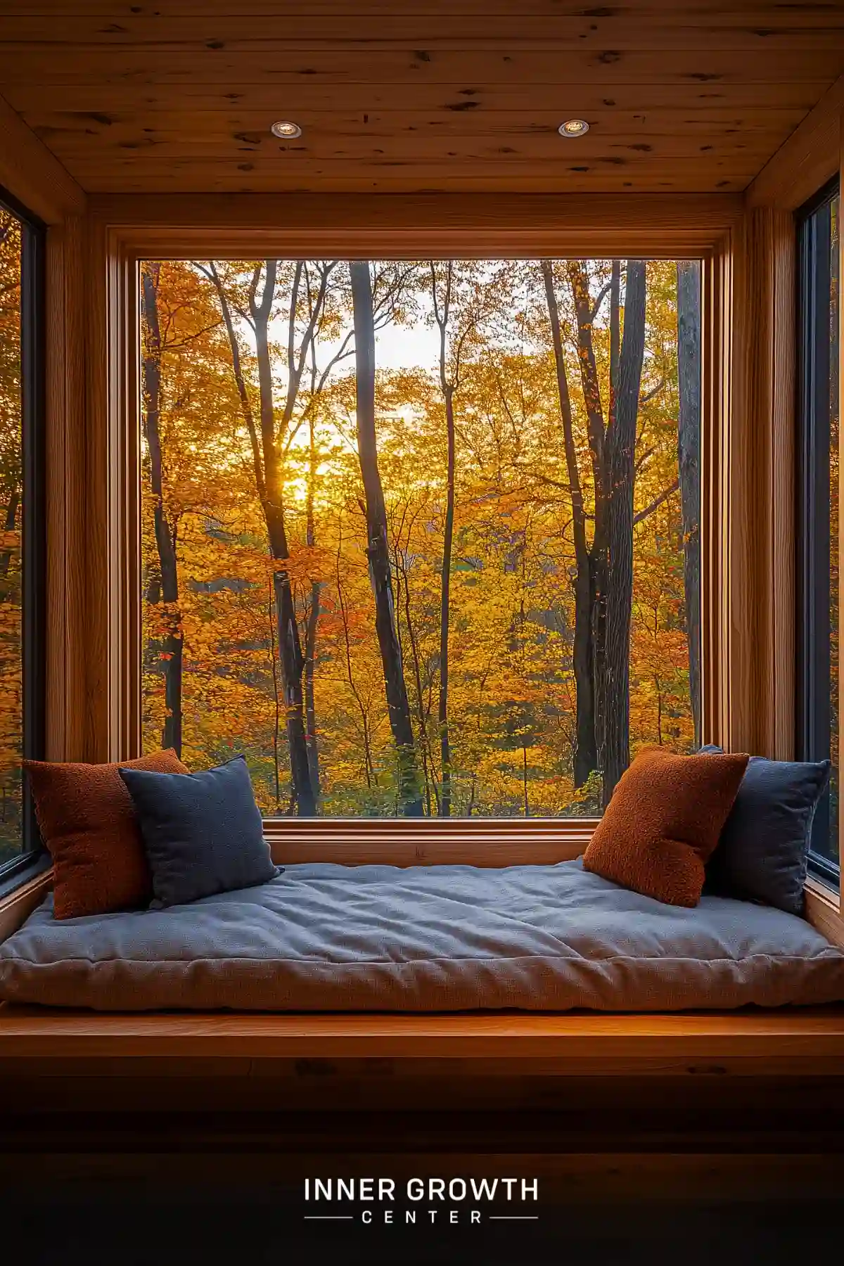 A cozy window seat with cushions overlooking a golden autumn forest at sunset