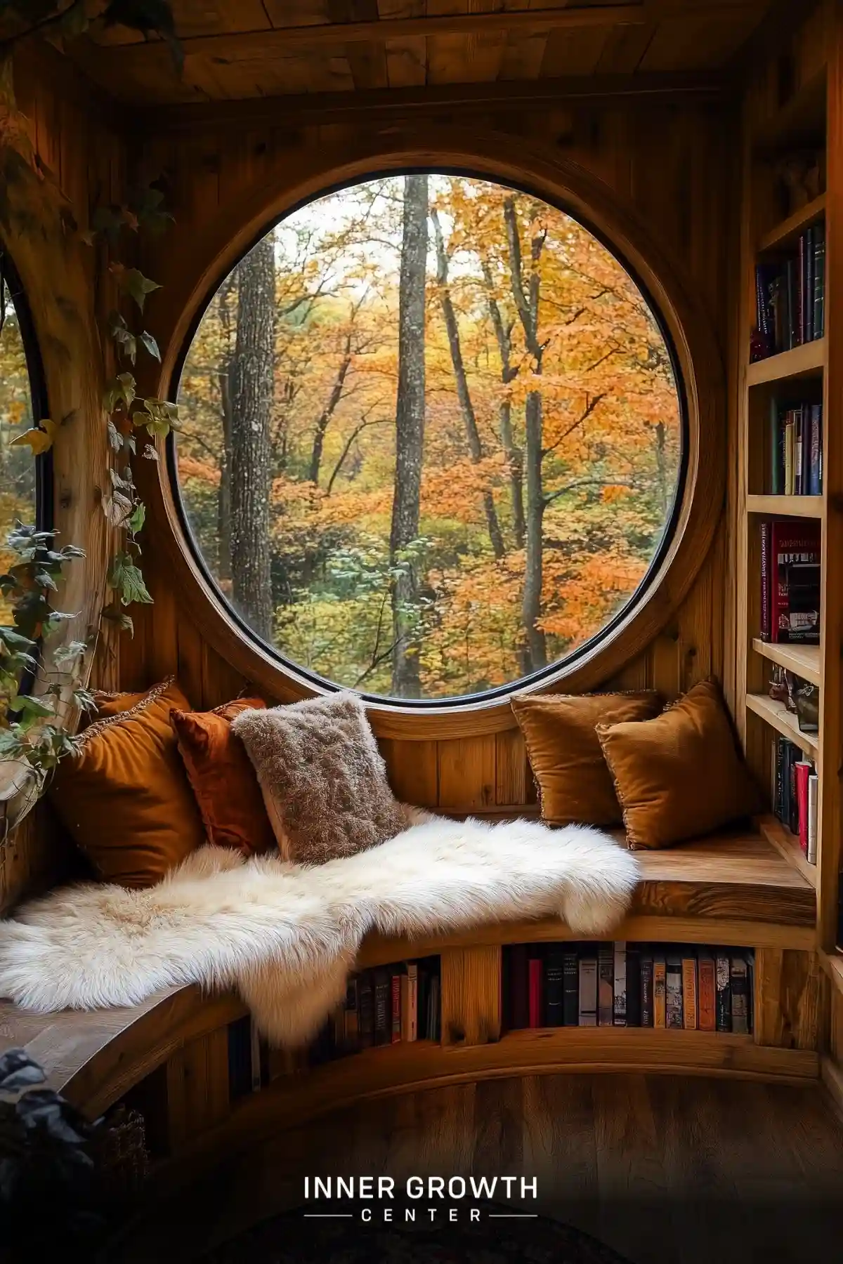 A hobbit-inspired reading nook features a round window overlooking fall foliage, wooden bench seating with fur throws, rust-colored pillows, and built-in bookshelves.