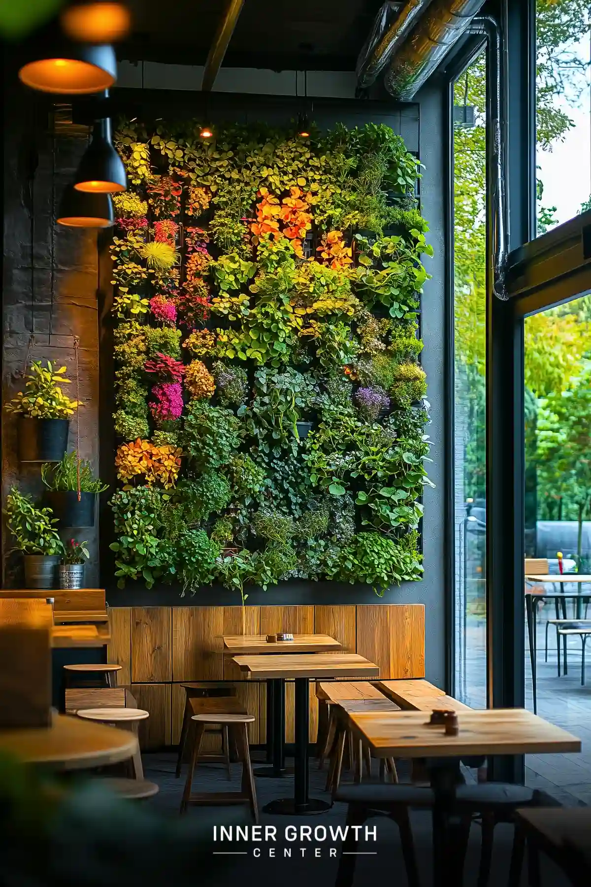 A modern café space featuring a vibrant living wall with autumn-colored foliage above wooden tables and stools, illuminated by warm pendant lighting.