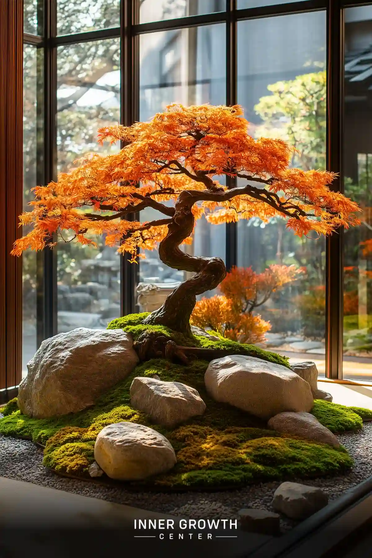 A gracefully curved bonsai tree with bright orange autumn foliage perches atop moss-covered rocks near a sunlit window.