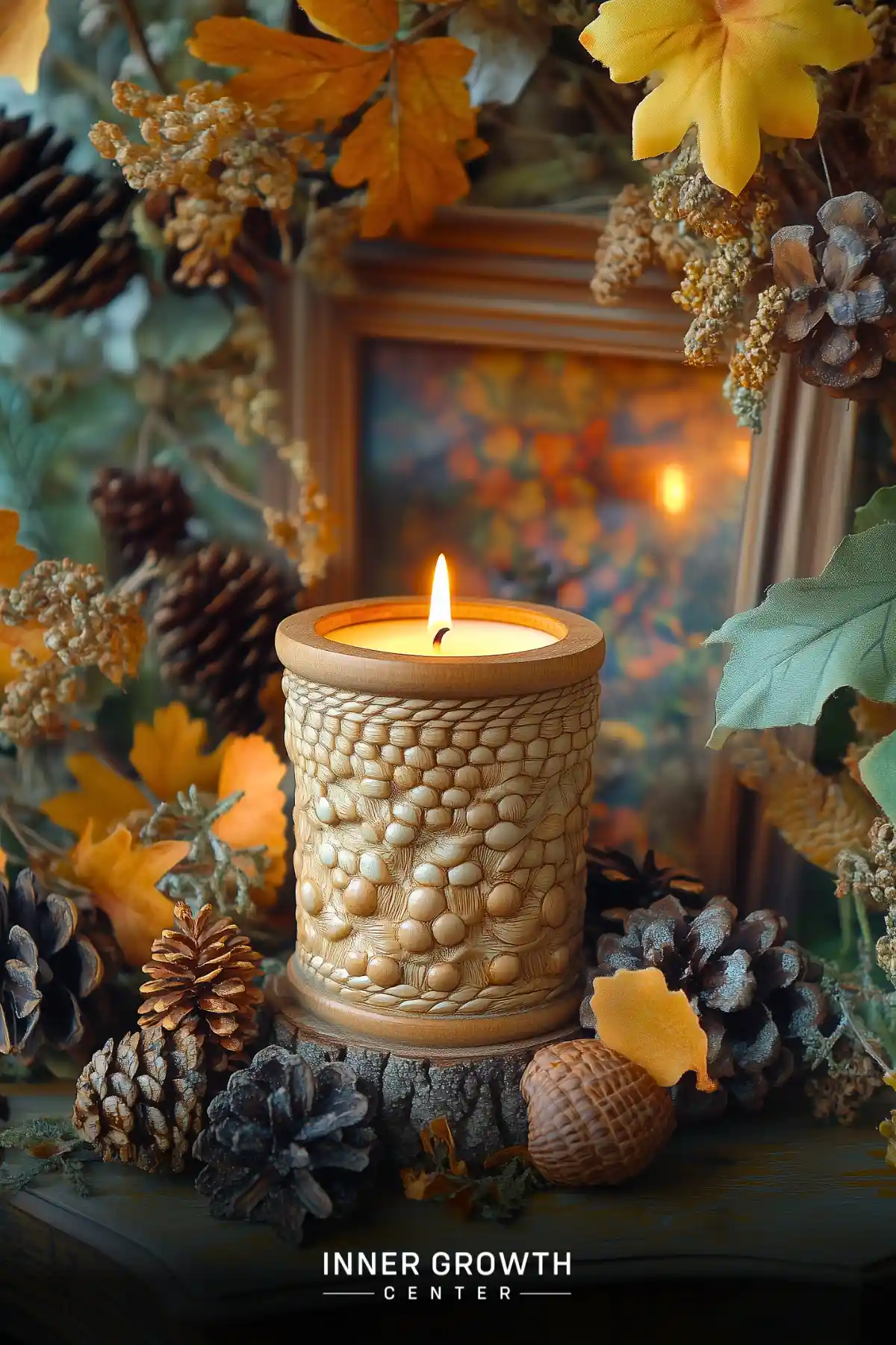 A lit candle in a textured holder surrounded by autumn leaves, pinecones, and dried flowers.