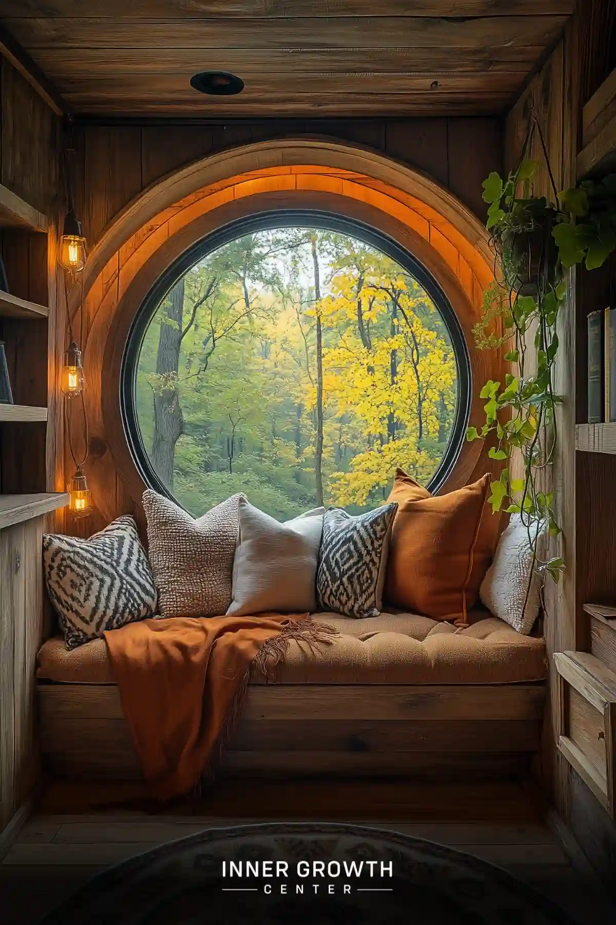 A hobbit-style reading nook with a round window overlooking fall foliage, featuring a tufted cushion, geometric pillows, and hanging Edison lights.