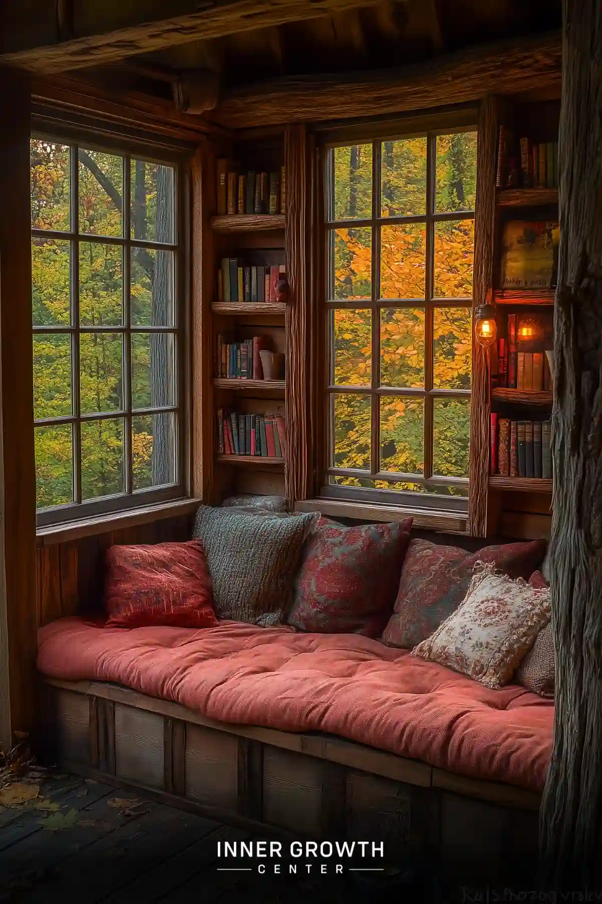 Cozy window seat with bookshelves and vibrant fall foliage view.