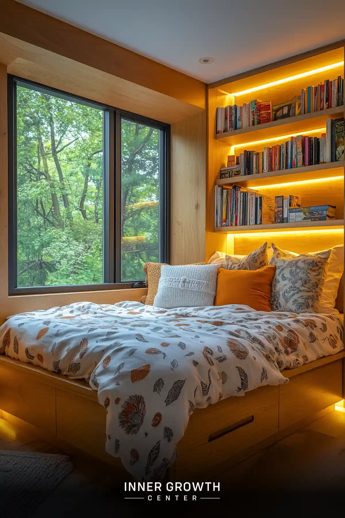 A built-in bed with backlit bookshelves and large window overlooking green trees, featuring feather-patterned bedding and wooden finishes