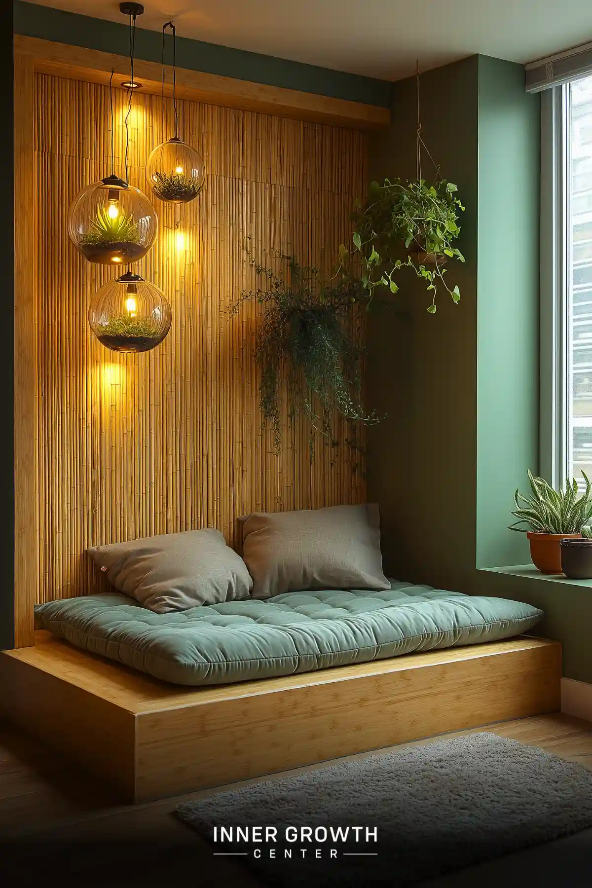 A serene meditation space featuring hanging glass terrariums with glowing lights, bamboo wall paneling, and a comfortable mint-colored cushioned platform.