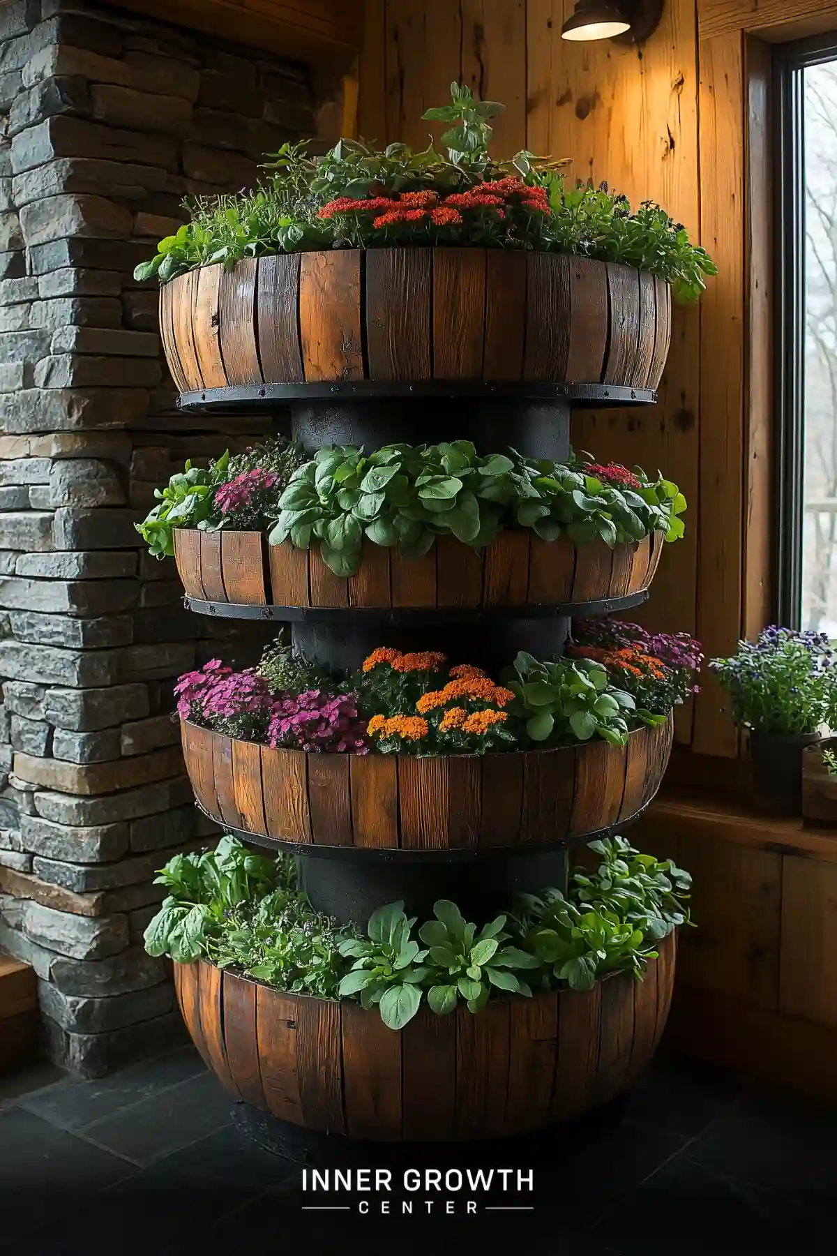 Four-tiered wooden barrel planter filled with colorful flowers and herbs against a rustic stone wall and pine paneling.